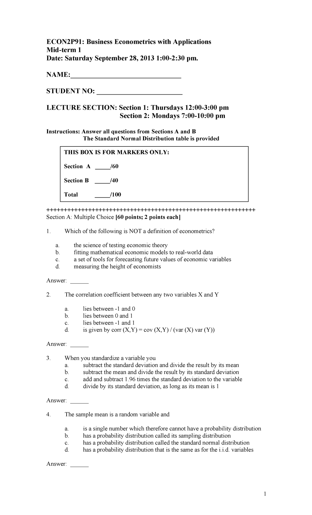 Midterm 2013, Questions - ECON2P91: Business Econometrics With ...