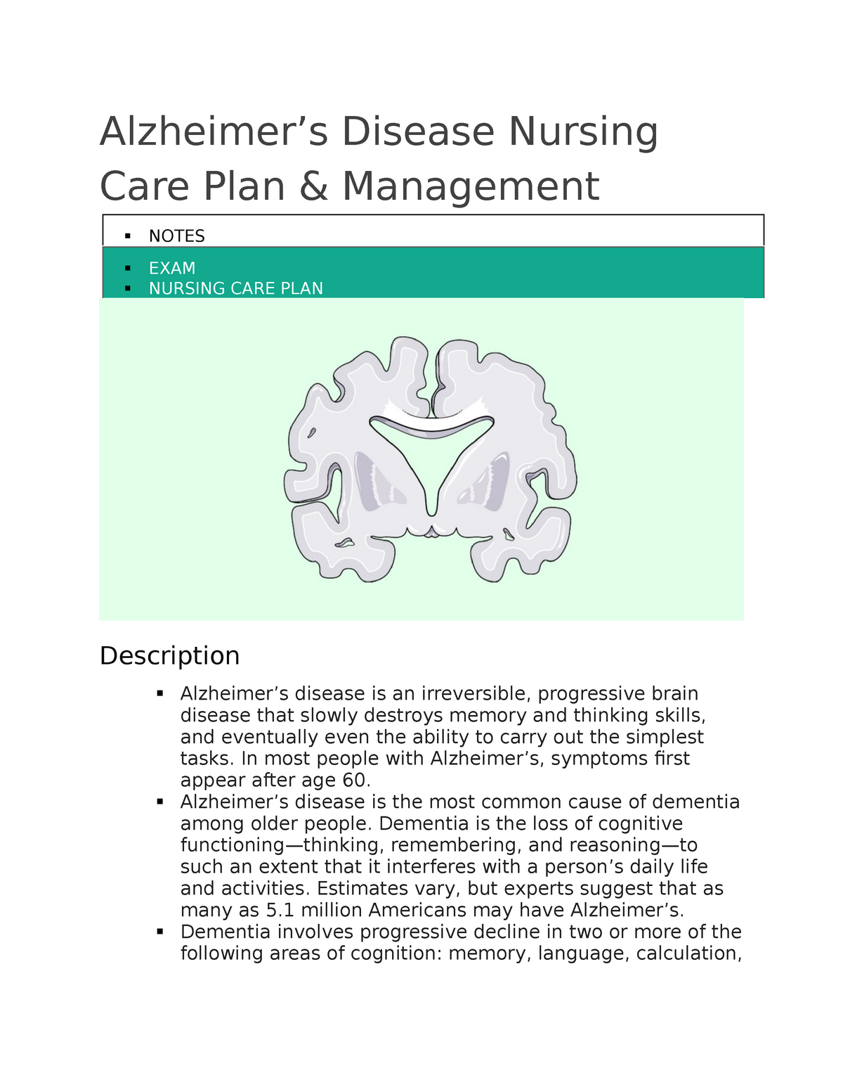 Alzheimers Disease Nursing Care And Management Plan Alzheimers Disease Nursing Care Plan