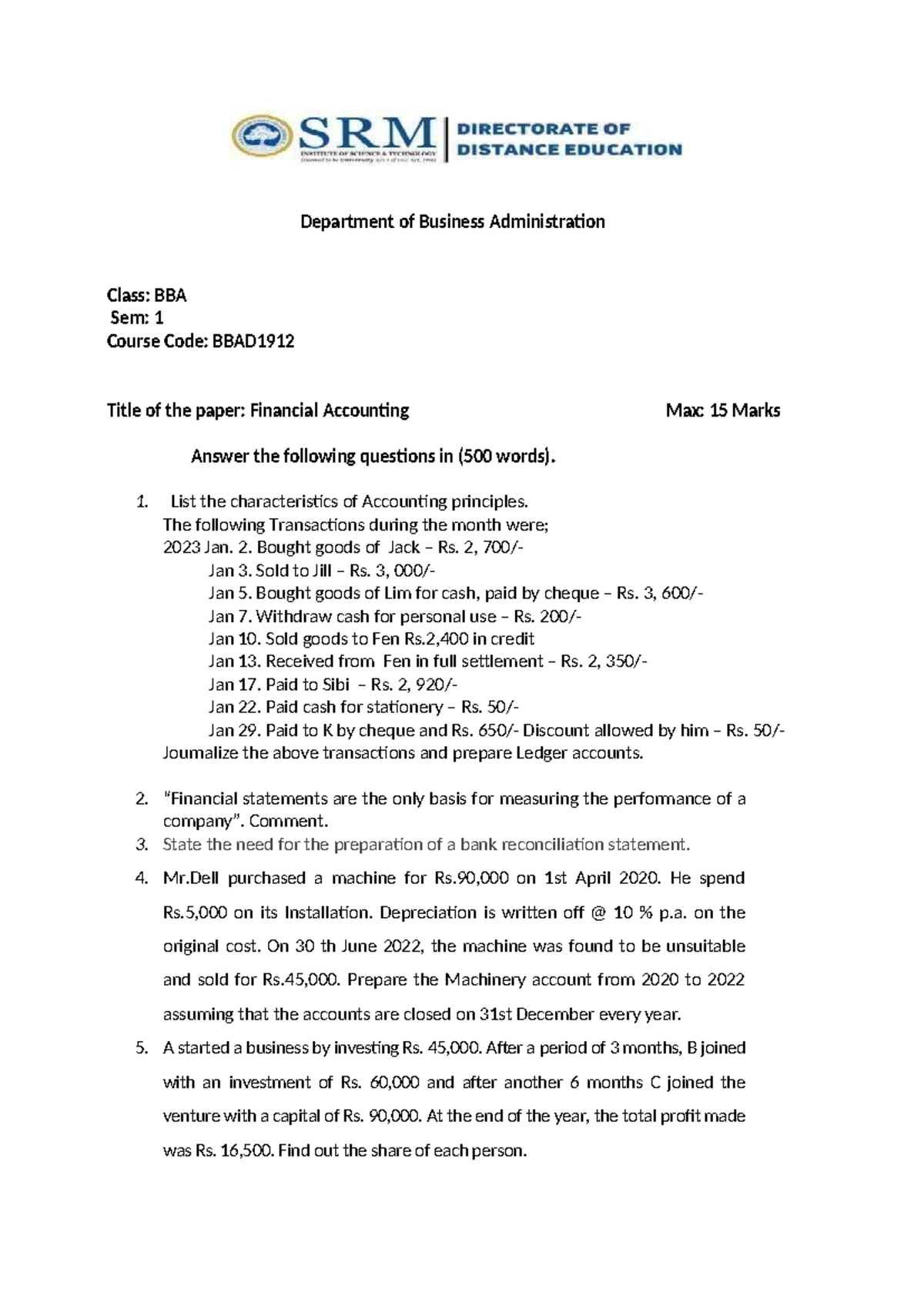 Financial Accounting - Assignment - Department of Business ...