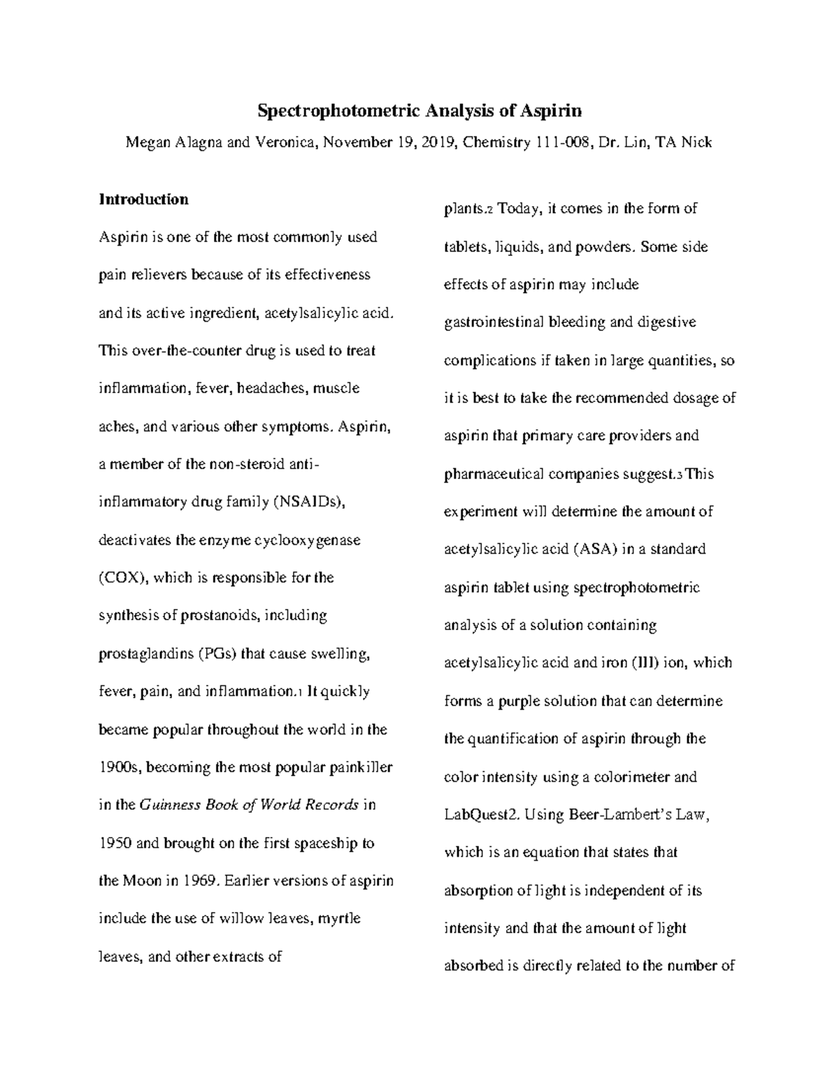 Spectrophotometric Analysis of Aspirin Warning TT undefined