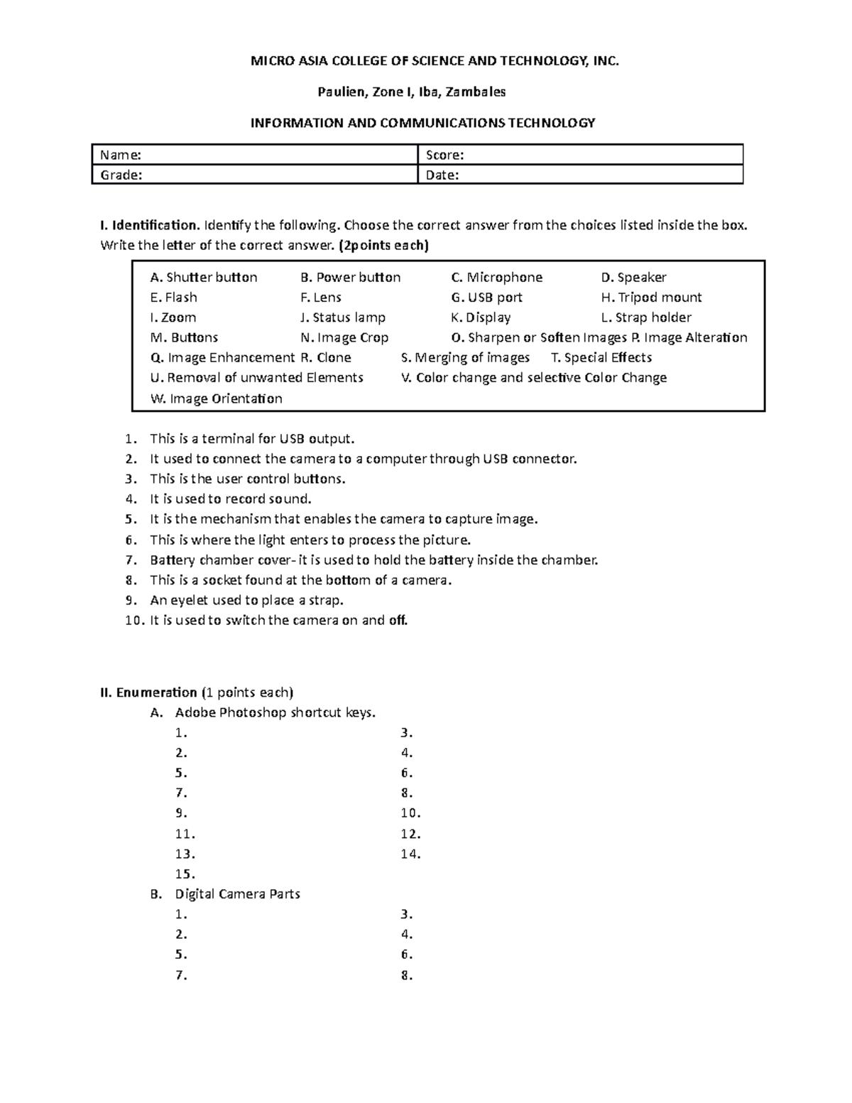 ICT 8 EXAM - asdaxasd - MICRO ASIA COLLEGE OF SCIENCE AND TECHNOLOGY ...