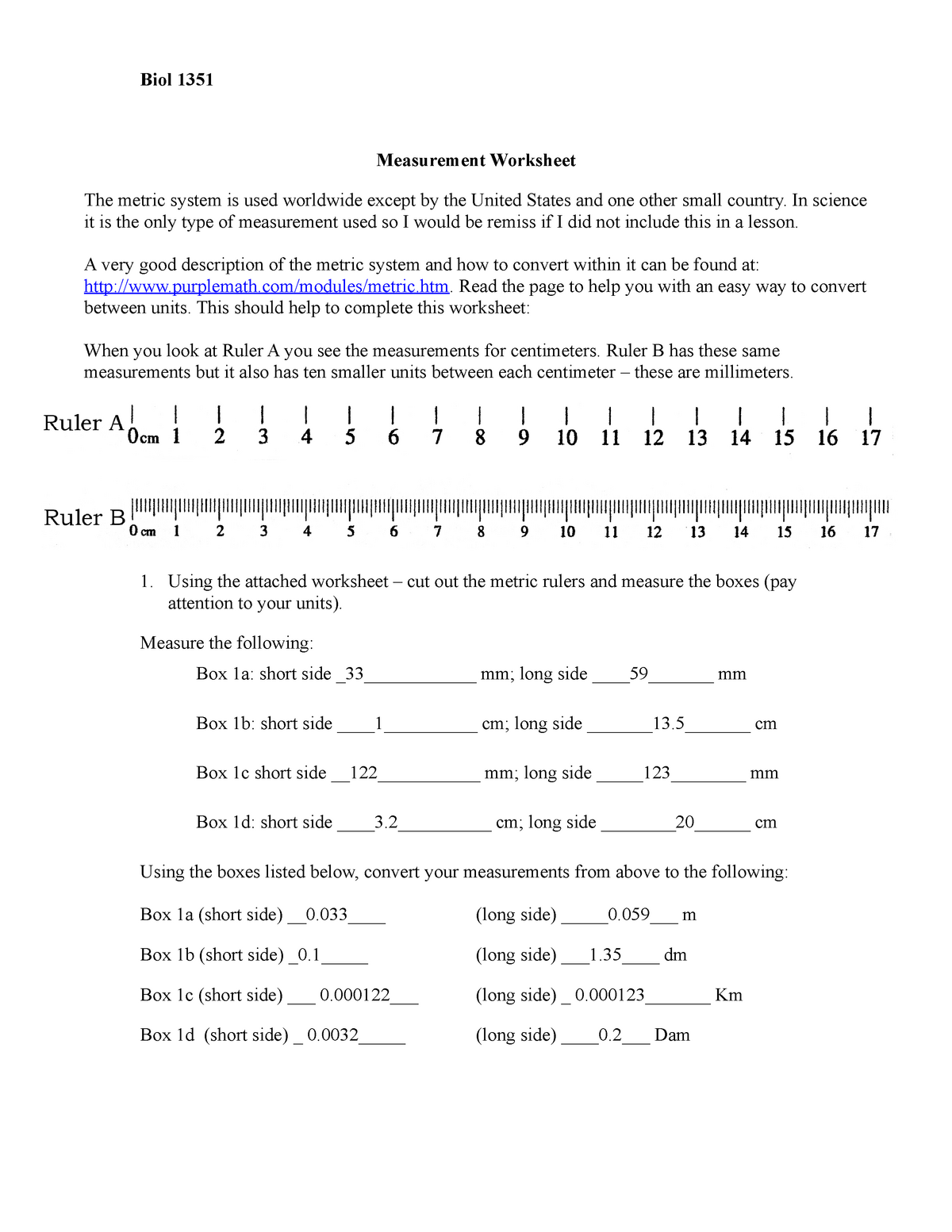 Measurement - Included in document. - Biol 23 Measurement Regarding Reading A Metric Ruler Worksheet