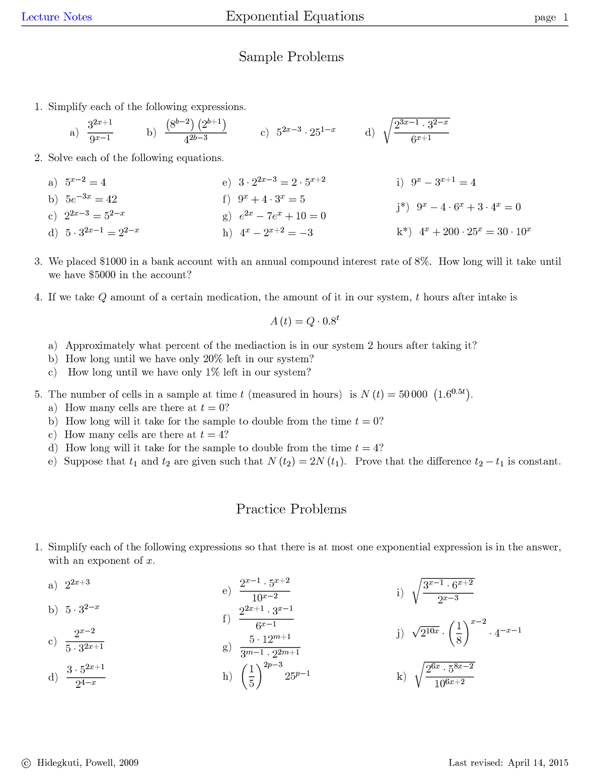 Exponential - Sample Problems Simplify each of the following ...