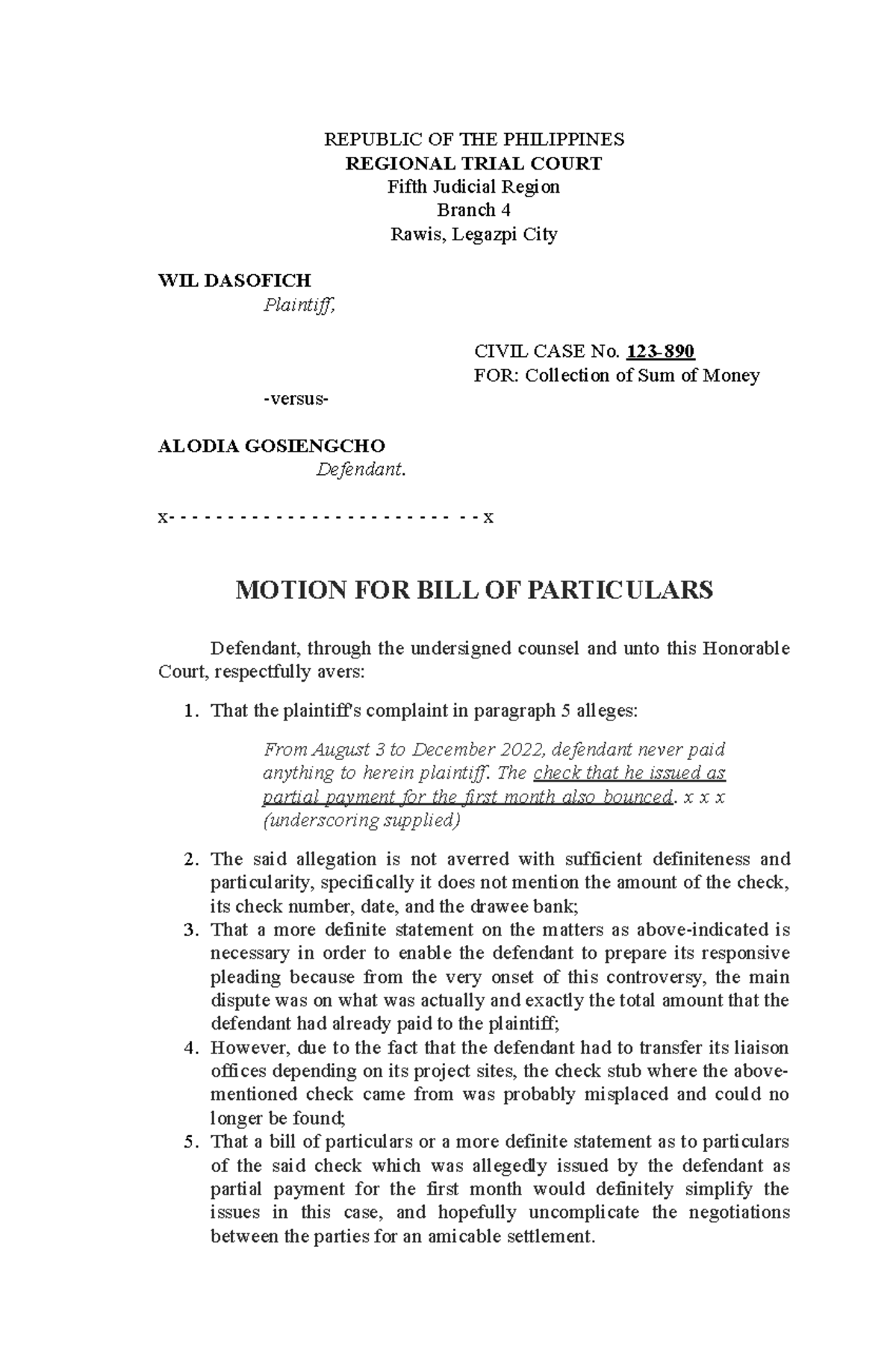 Motion For Bill Of Particulars Republic Of The Philippines Regional Trial Court Fifth Judicial