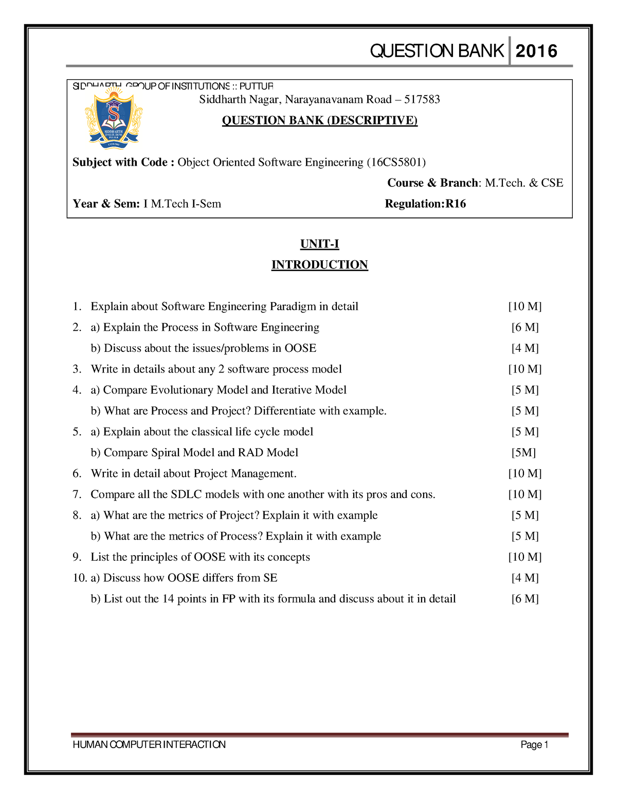 16CS5801 OOSE QB - Question Bank - SIDDHARTH GROUP OF INSTITUTIONS ...