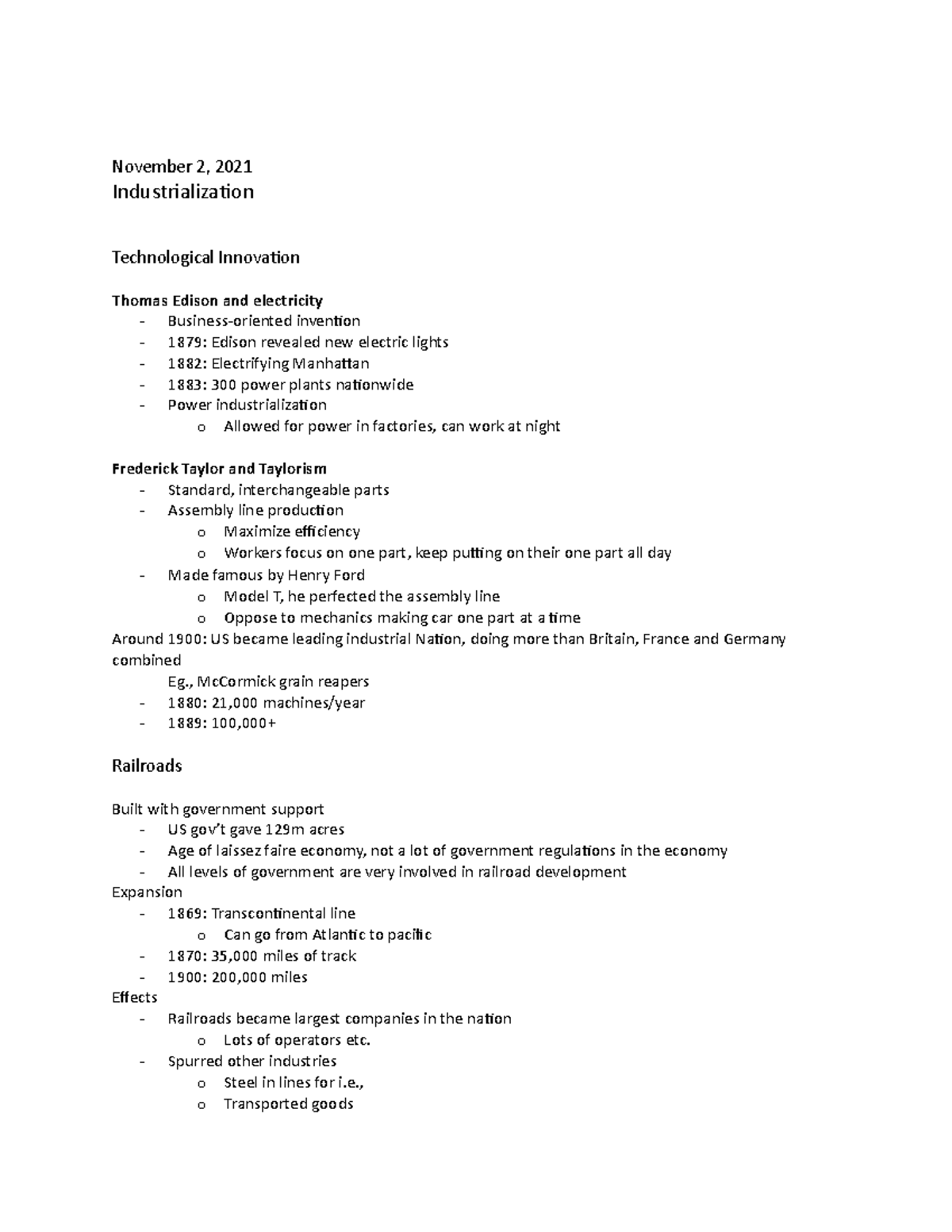 Class Notes Part 2 copy 2 - November 2, 2021 Industrialization ...