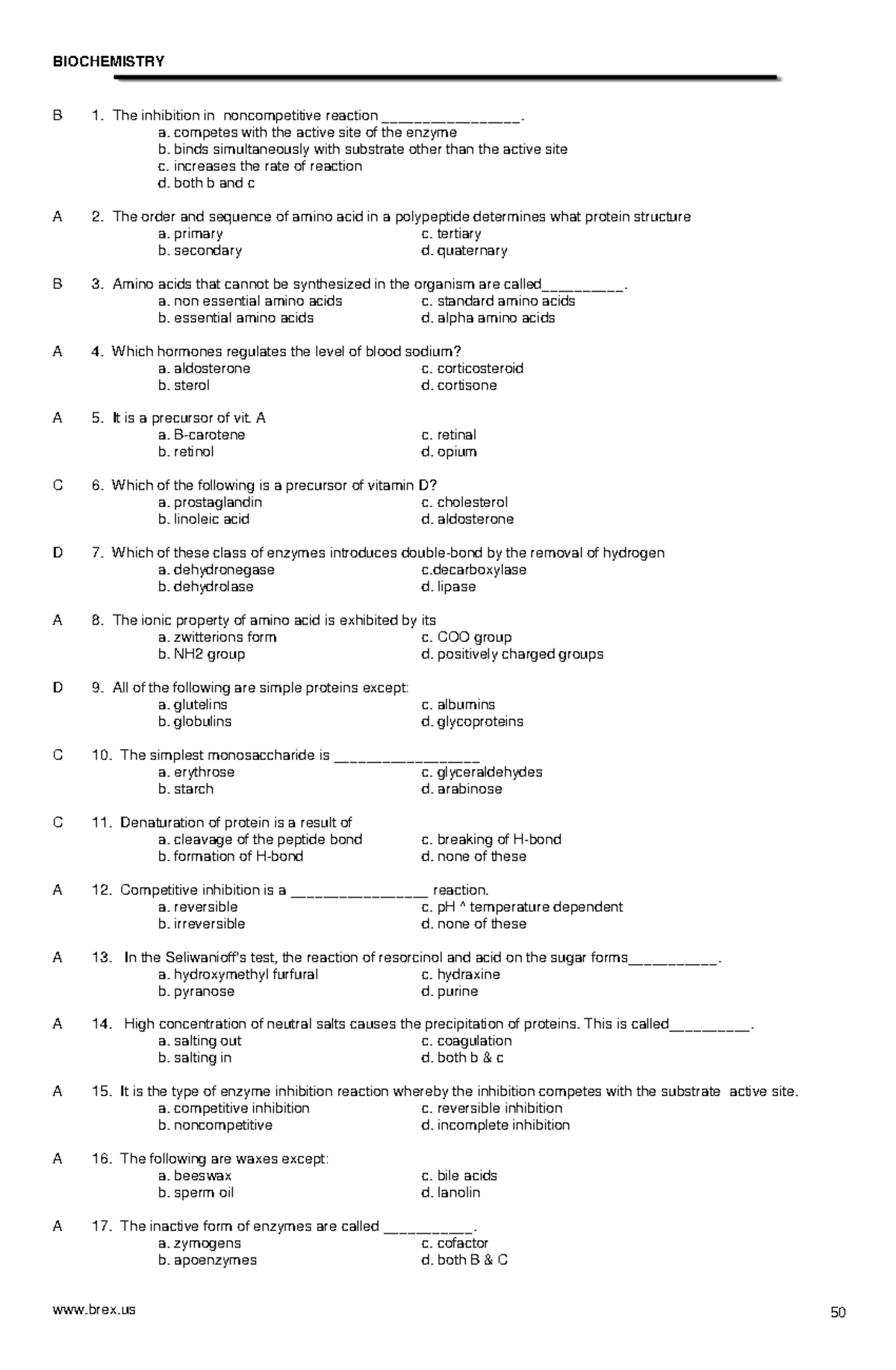 Copy of Biochemistry Answer Key- Green Pacop - B 1. The inhibition in ...