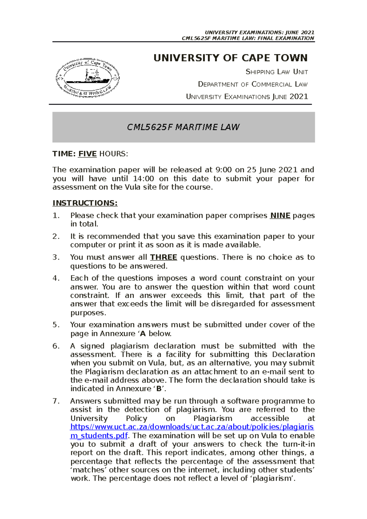 2021 Final CML5625F Maritime LAW EXAM Paper UNIVERSITY EXAMINATIONS