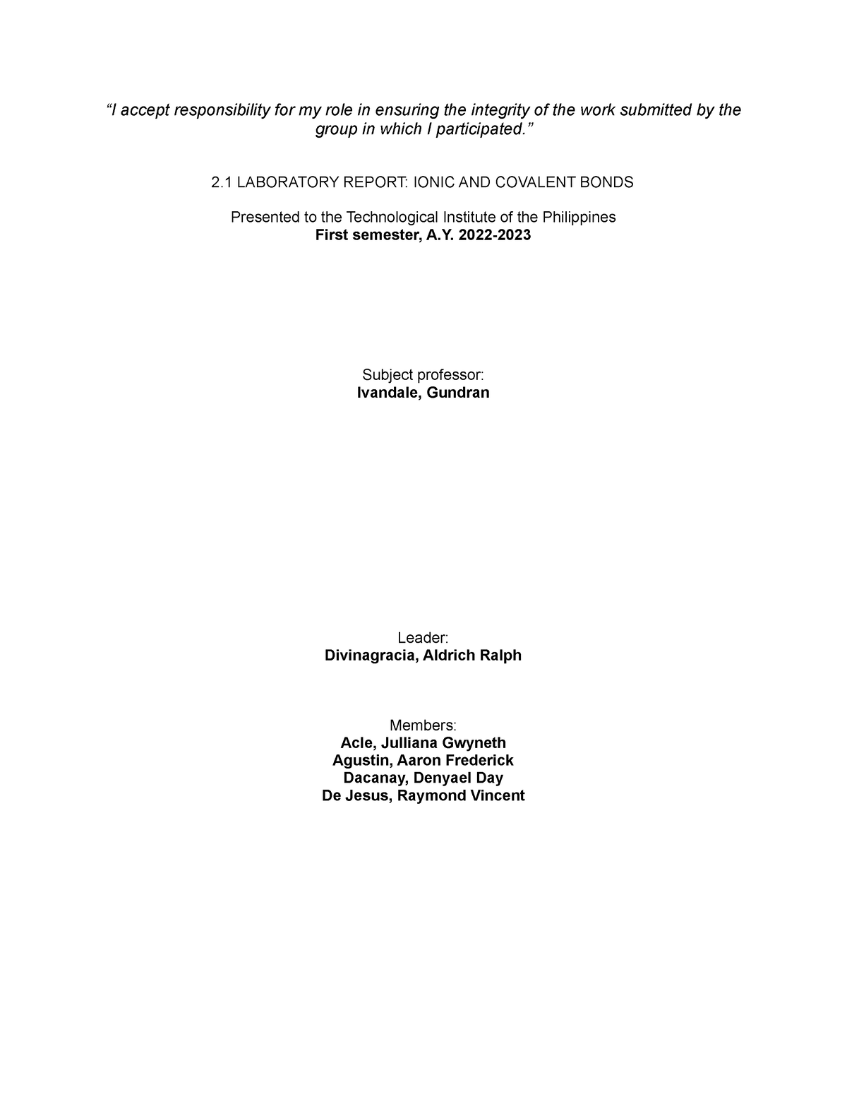 2.1 Laboratory Report Ionic and Covalent Bonds ( Group 1)