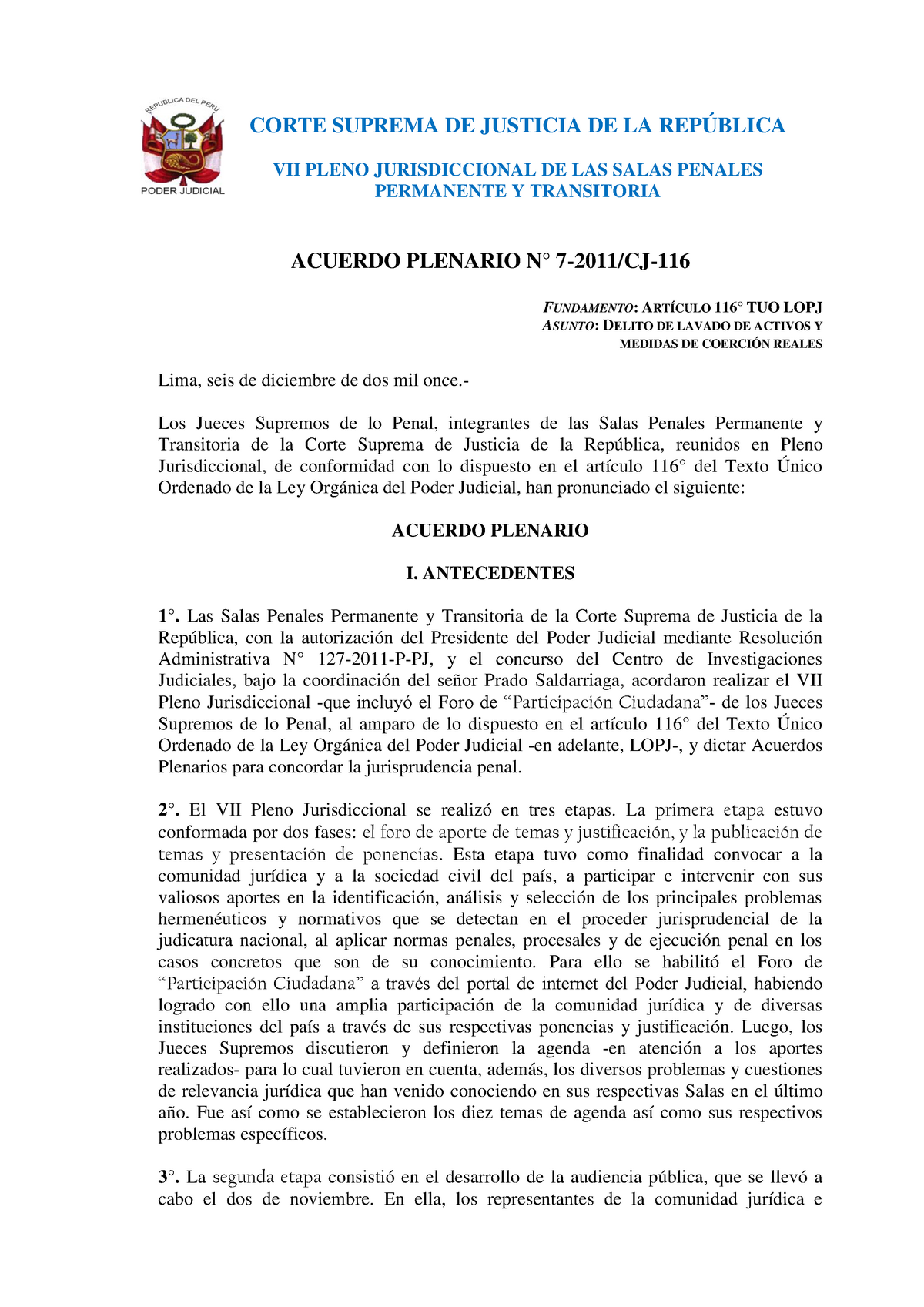 Acuerdo Plenario N7 2011 - VII PLENO JURISDICCIONAL DE LAS SALAS ...