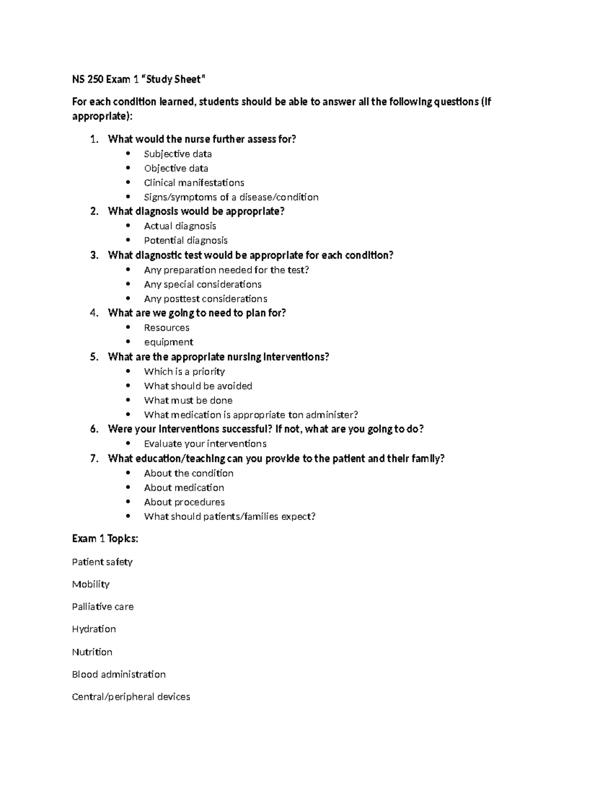 NS 250 Exam 1 Study Guide - NS 250 Exam 1 “Study Sheet” For each ...