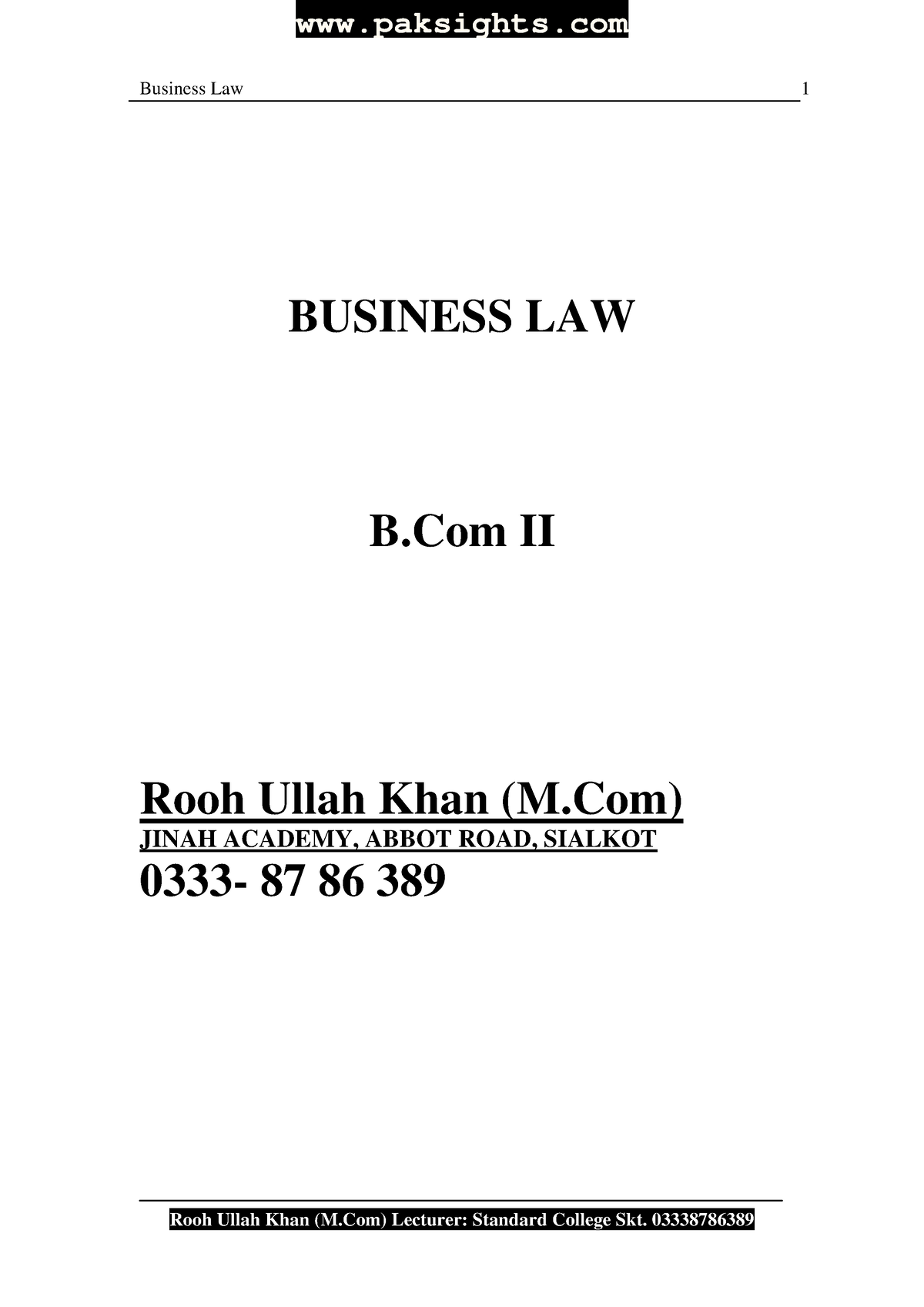 Business Law Notes B - Business Law 1 BUSINESS LAW B II Rooh Ullah Khan ...