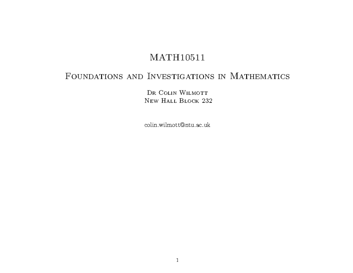 Lecture 1 - MATH Foundations and Investigations in Mathematics Dr Colin ...