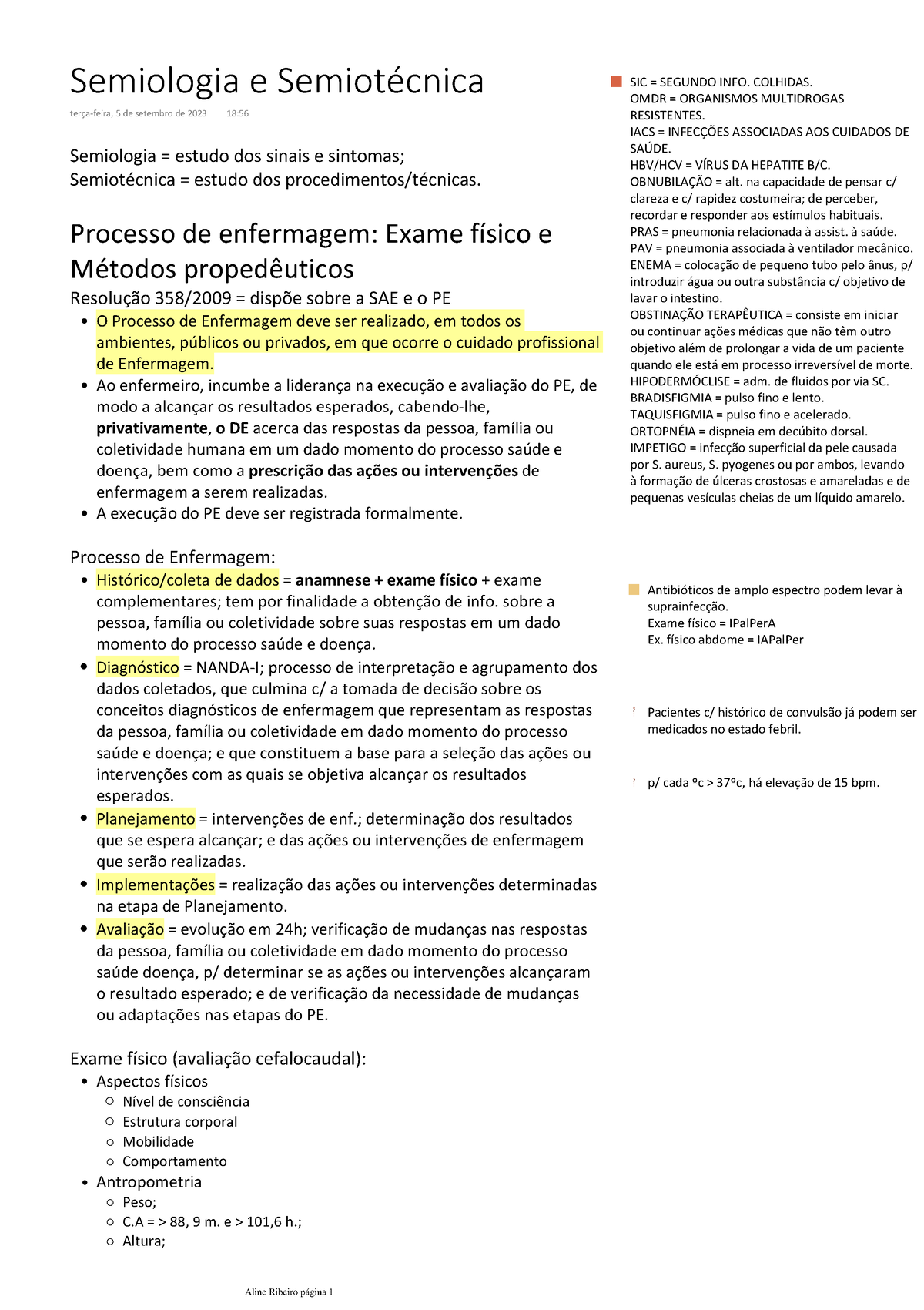 Resumo Semio 1 - Fundamentos Da Enfermagem - Semiologia = Estudo Dos ...