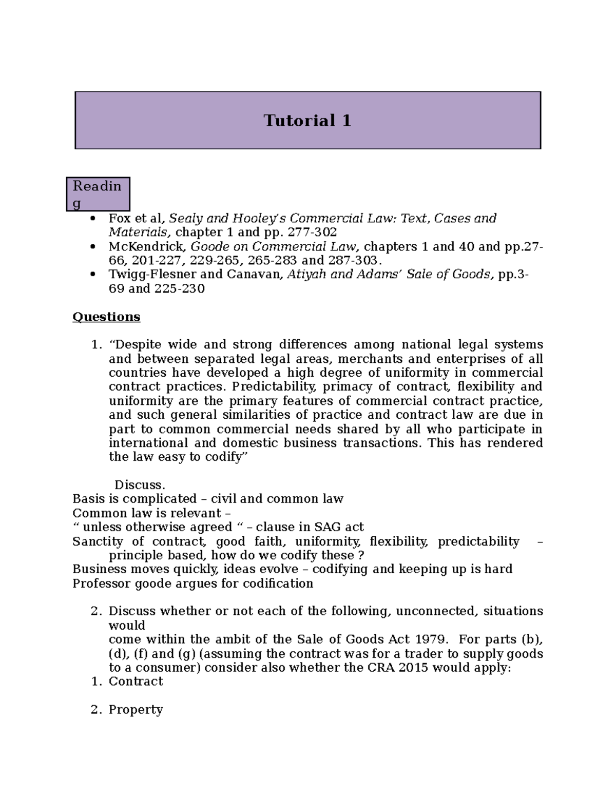 Commercial law Tutorial 1 Tutorial 1 Readin g Fox et al, Sealy and