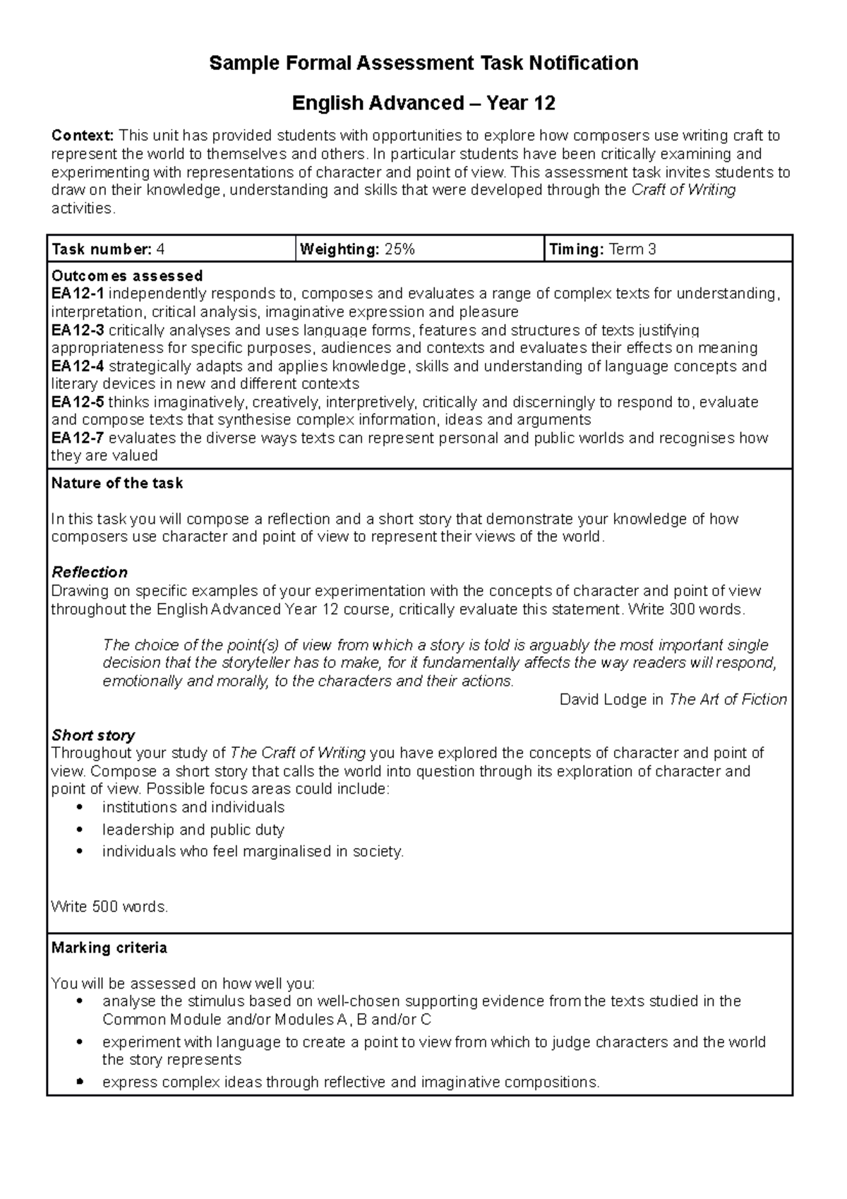 English advanced stage 6 sample assessment task module c - Sample ...