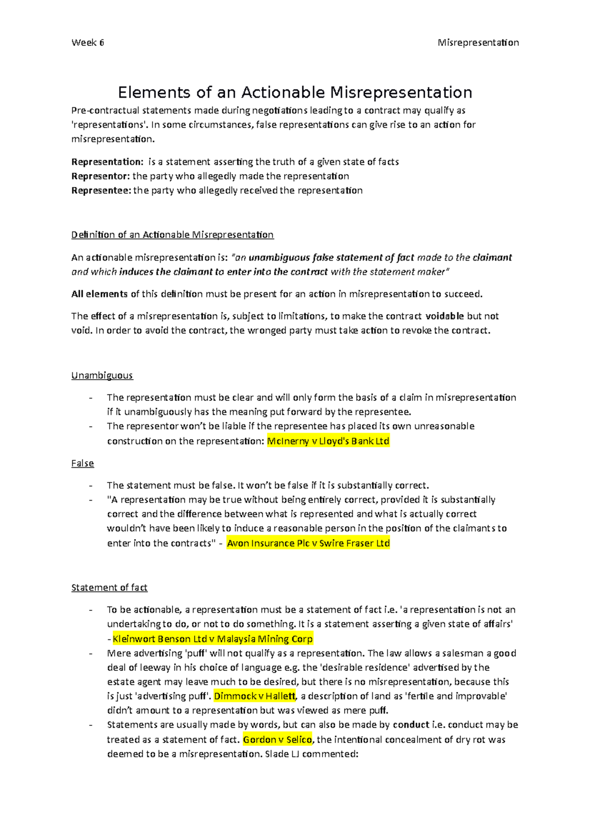 Elements Of Actionable Misrepresentation In Contract Law - Studocu