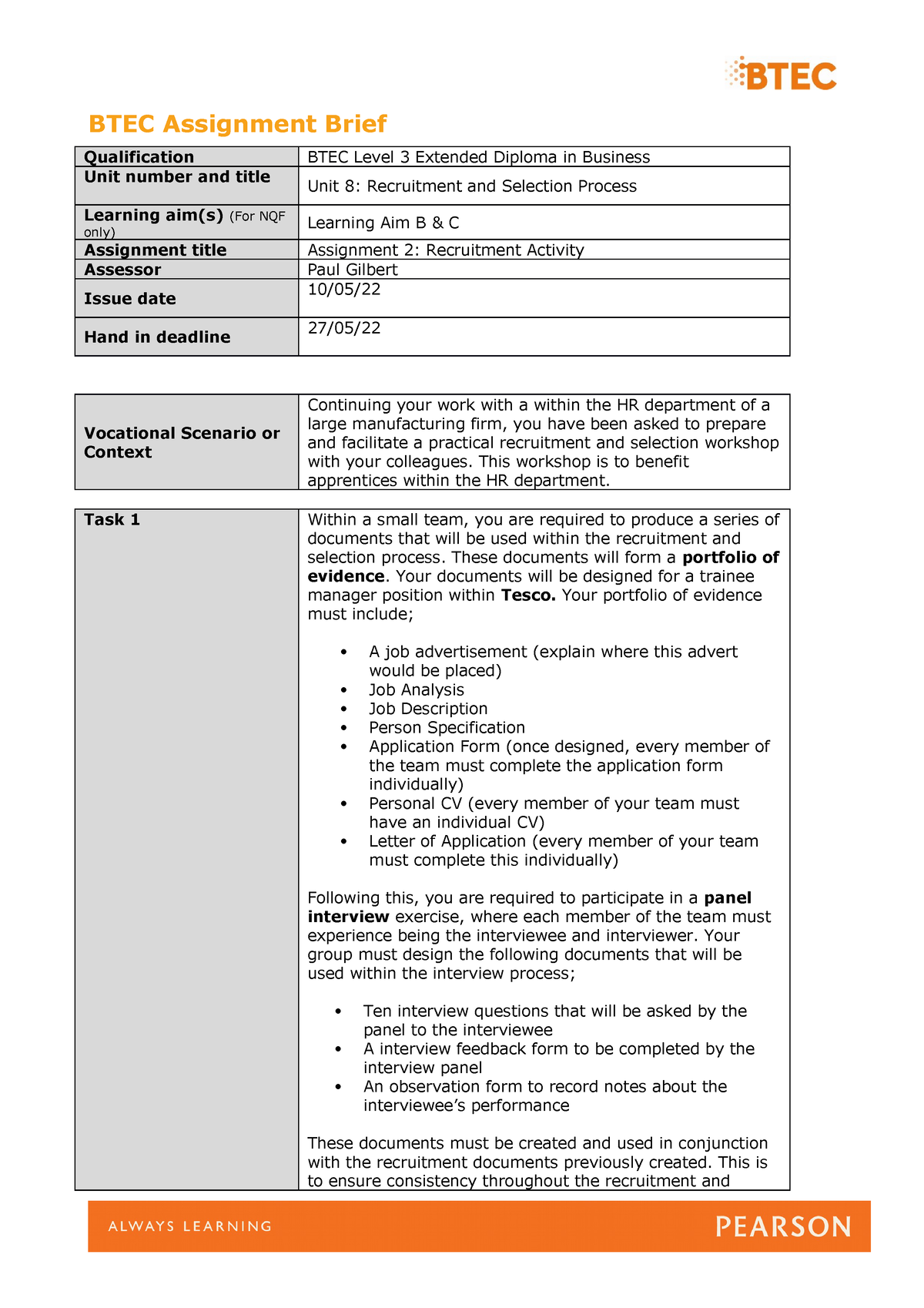 unit 8 assignment 2 business level 3 tesco