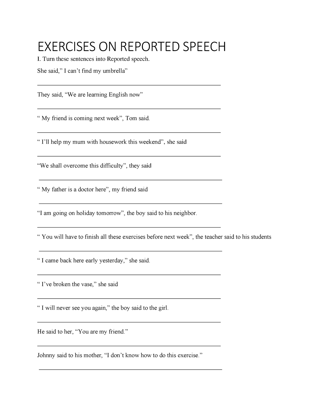 reported speech exercises text