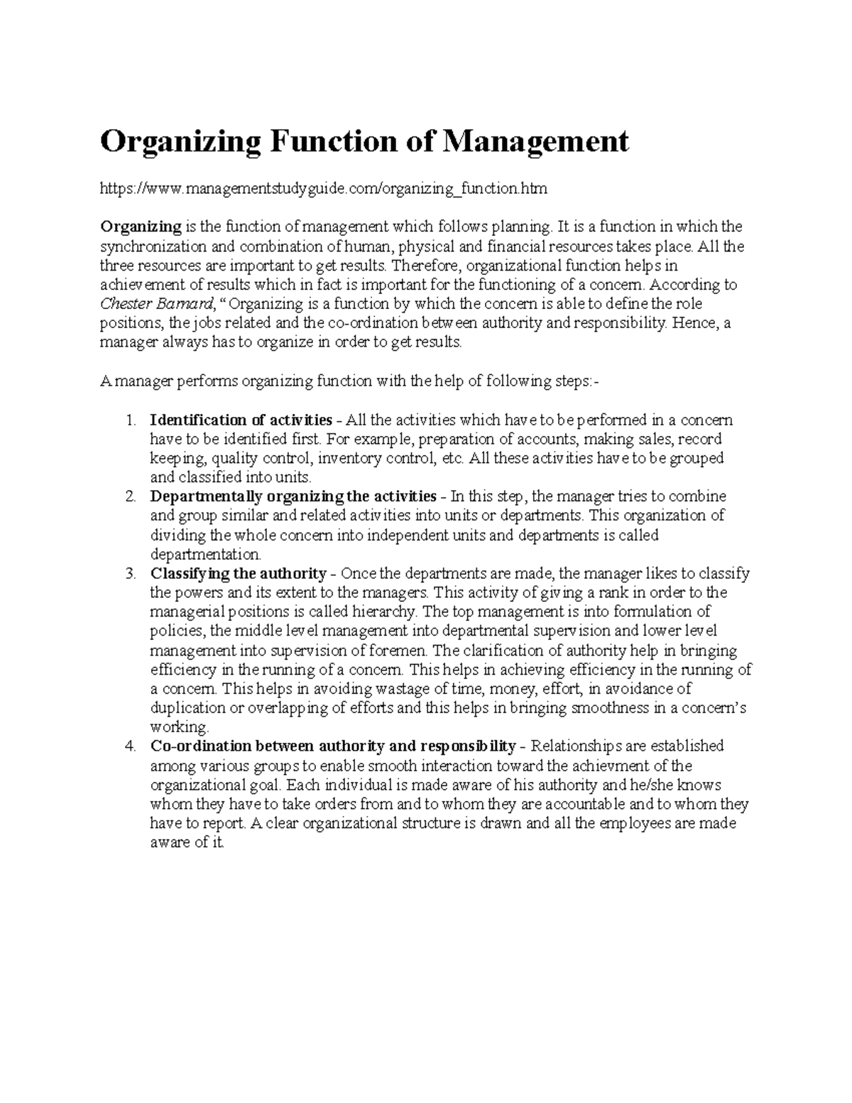 Chapter 10 - Lecture notes 8-9 - Organizing Function of Management ...