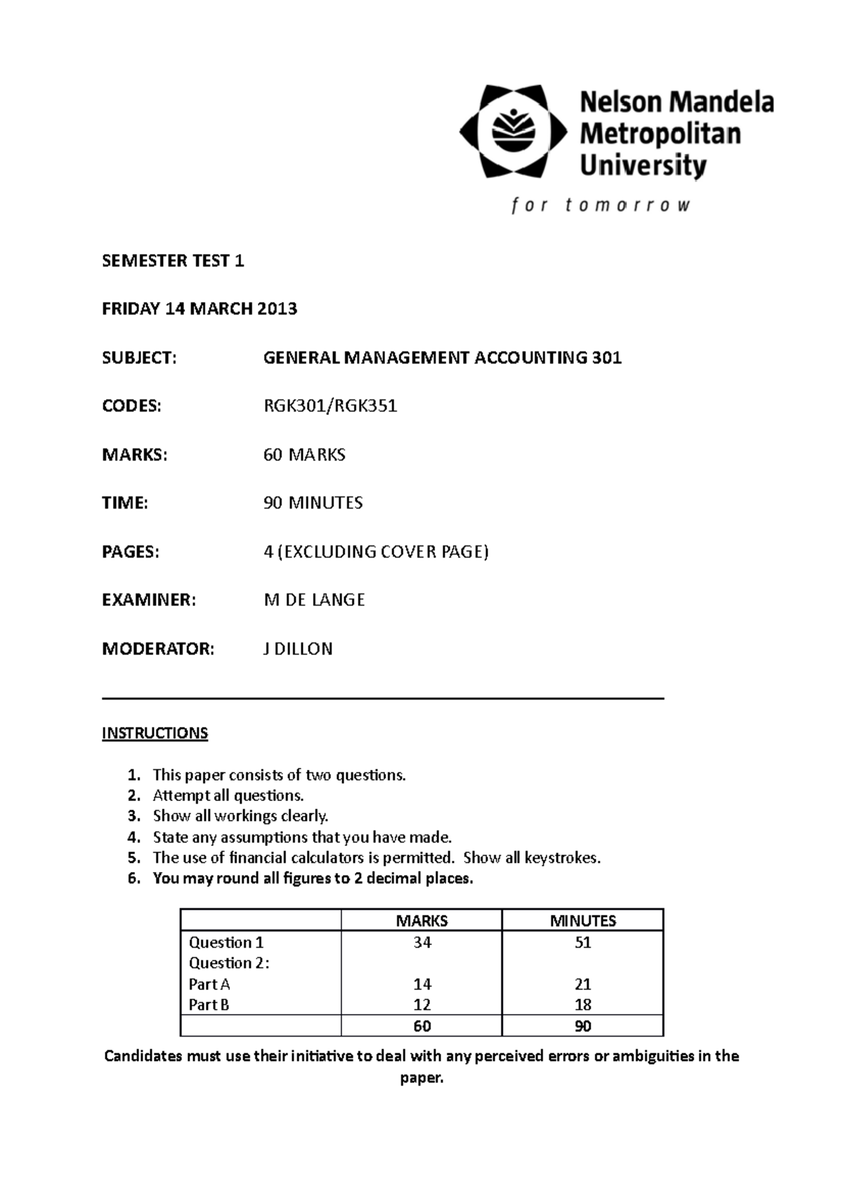 2014 RGK301 Test 1 - Question Paper - SEMESTER TEST 1 FRIDAY 14 MARCH ...