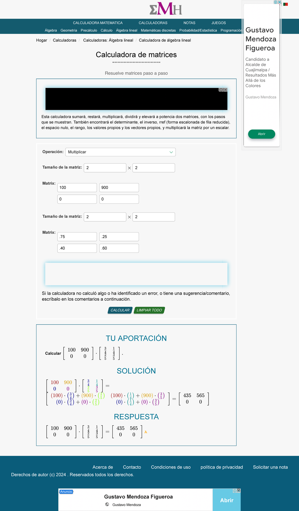 Calculadora de matrices - e Math Help - | CALCULADORA MATEMATICA ...