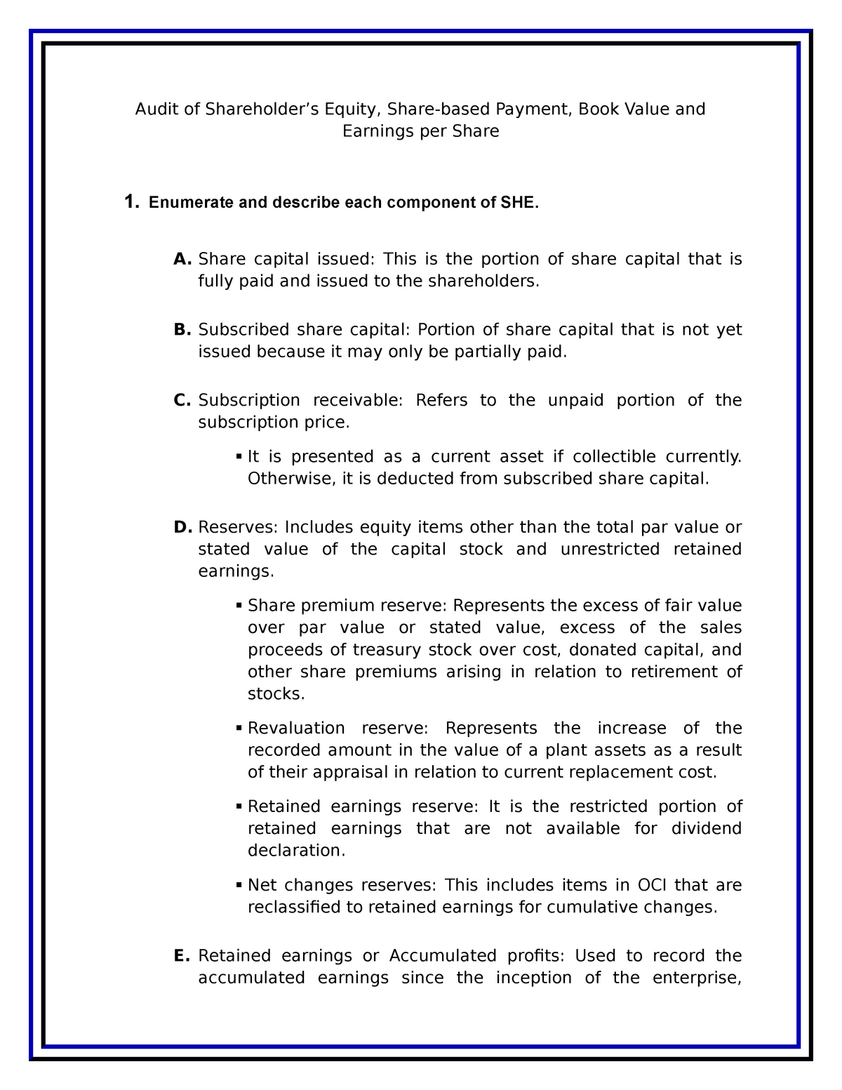 Audit Of Shareholder’s Equity, Share-based Payment, Book Value And ...