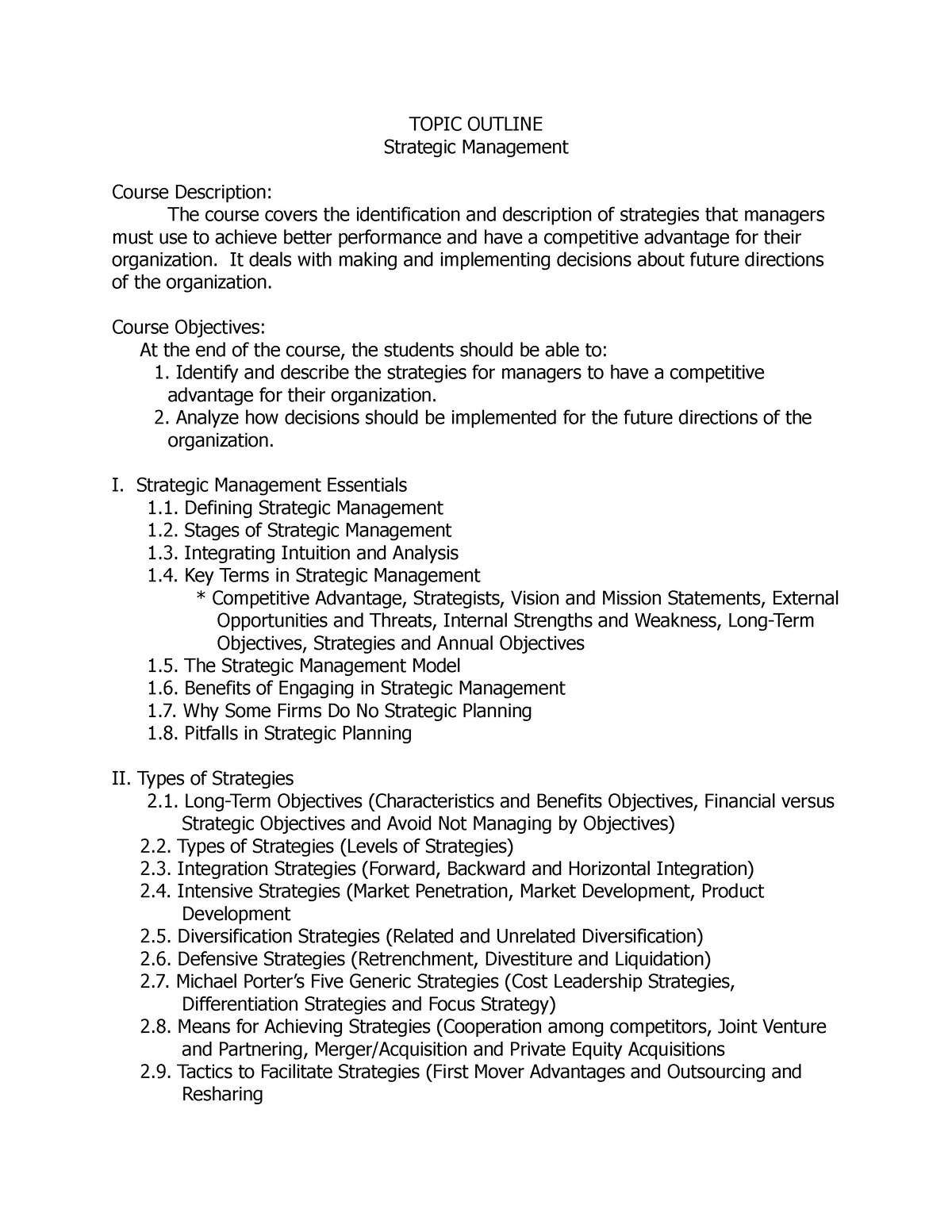 CBM202 - Topic Outline - Strategic Management - TOPIC OUTLINE Strategic ...