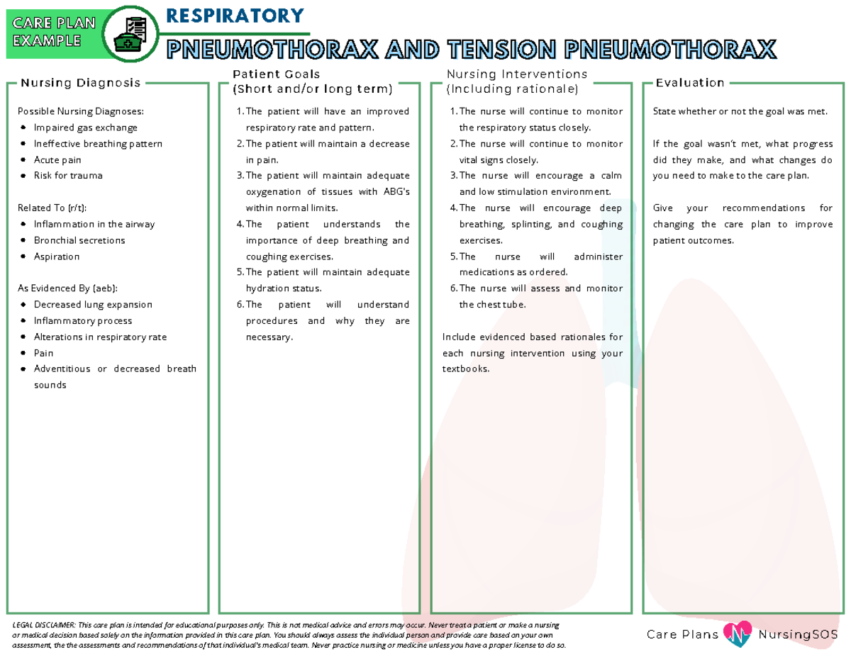 Example - Care Plan - Pneumothorax and Tension Pneumothorax - C a r e P ...