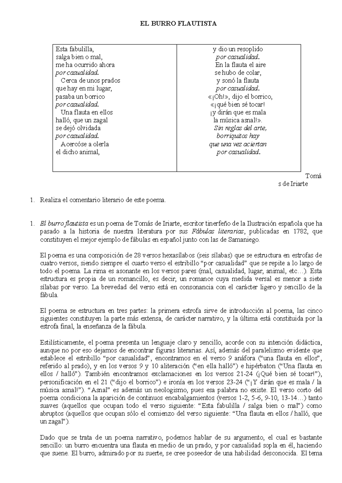 El burro flautista correccion - EL BURRO FLAUTISTA Tomá s de Iriarte ...