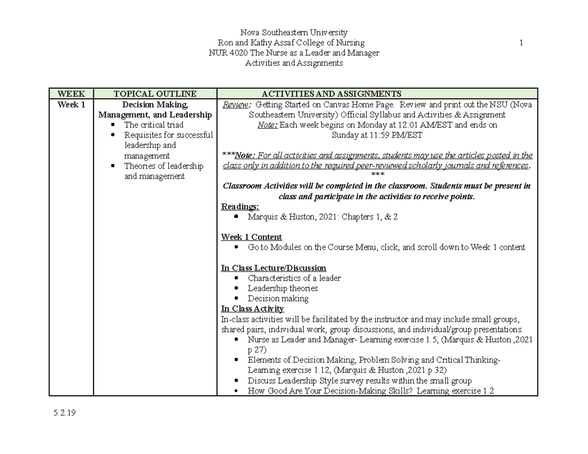 Leader Sched - ... - Ron and Kathy Assaf College of Nursing 1 NUR 4020 ...