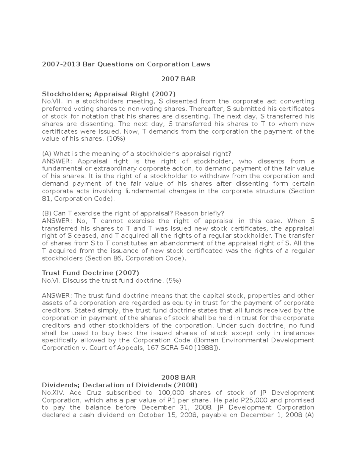 Corporation Law Bar Questions 20072013 Bar Questions on Corporation