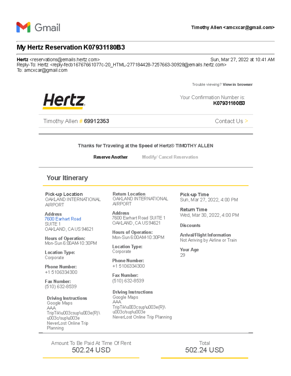 Rental car receipt Weeeeew Timothy Allen amcxcargmail My Hertz