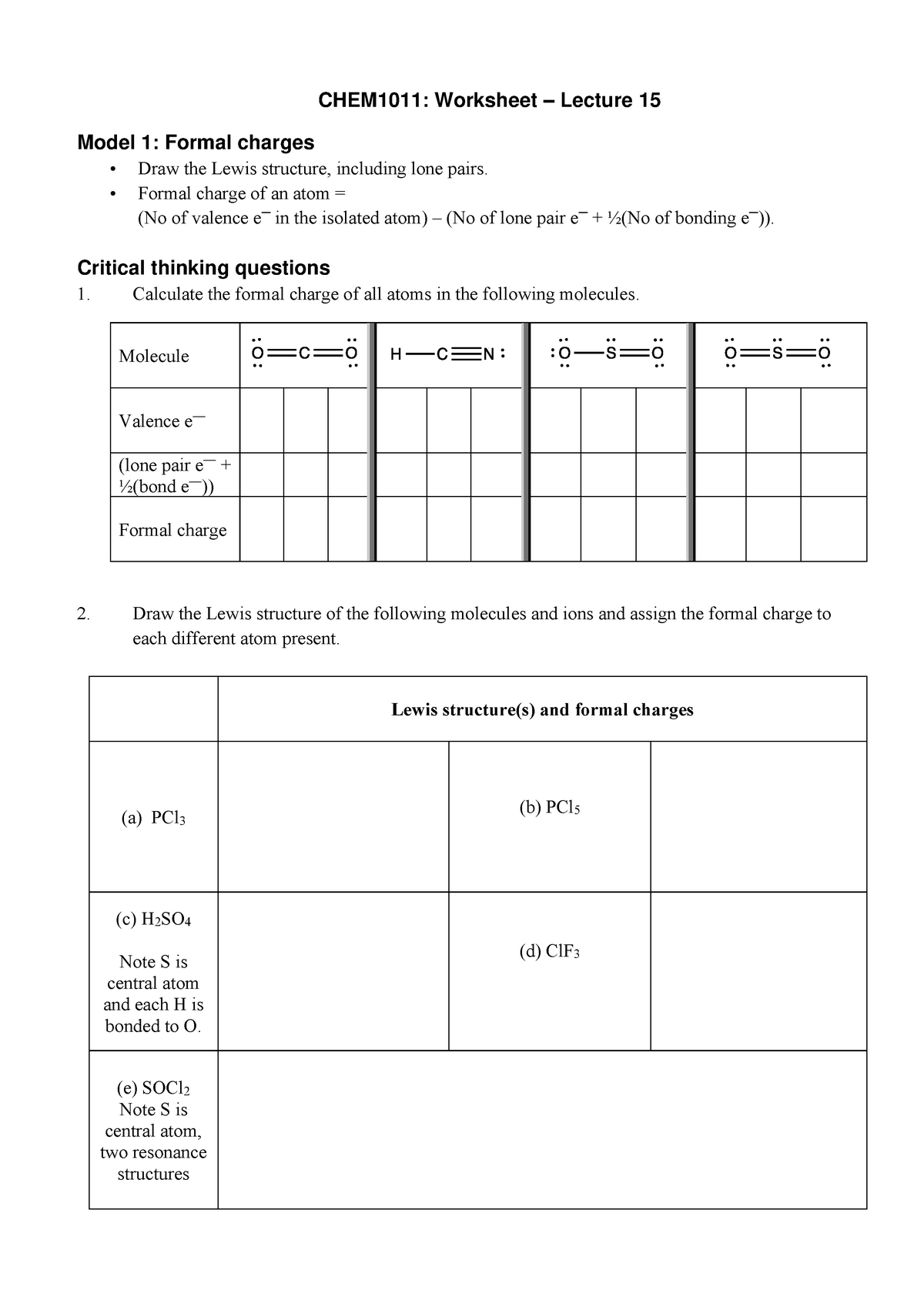 Lecture 15 Worksheet – Formal Charges & Resonance Structure - CHEM1011 ...