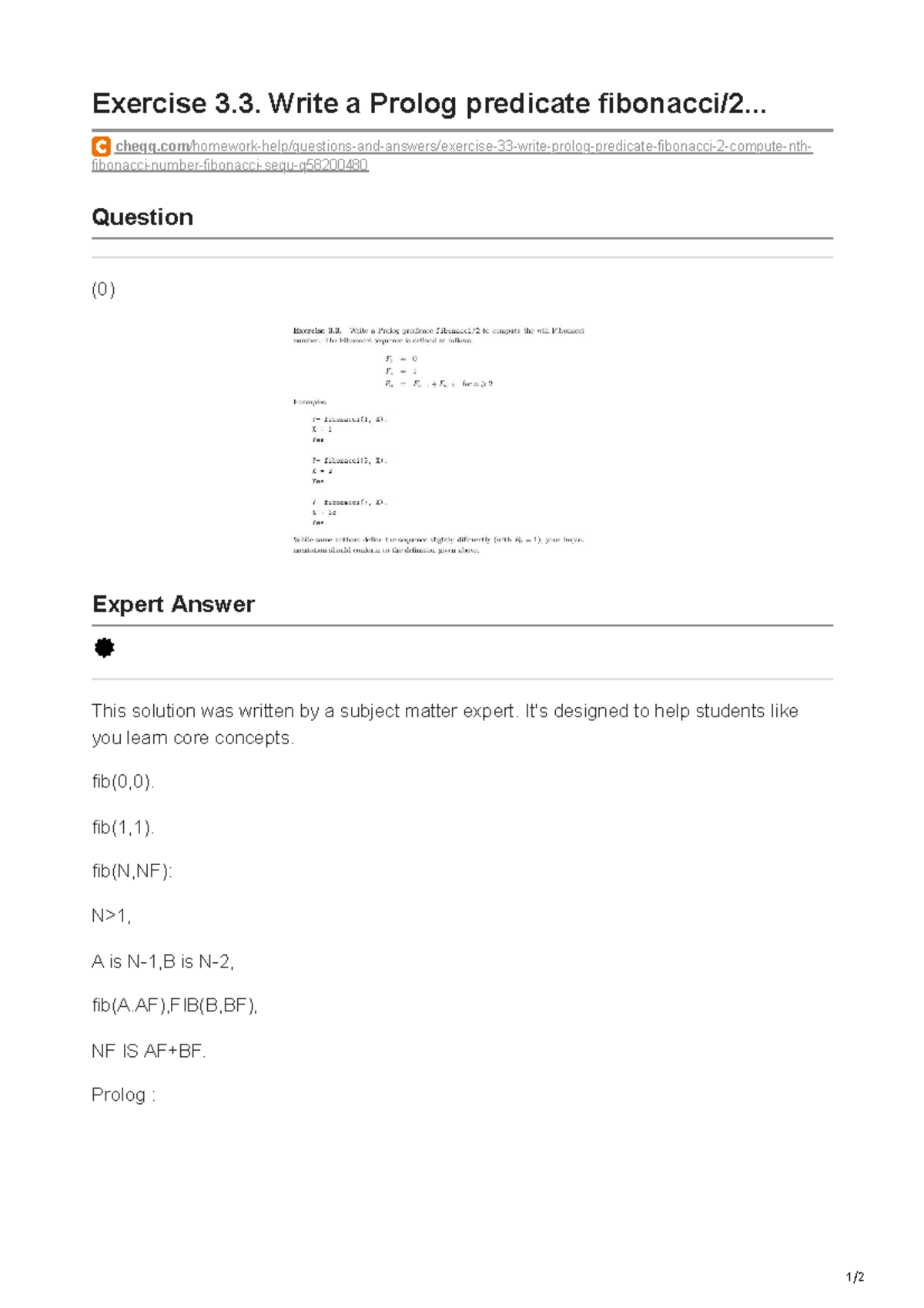 Chegg - Thu - 1/ Exercise 3. Write a Prolog predicate fibonacci/2 ...