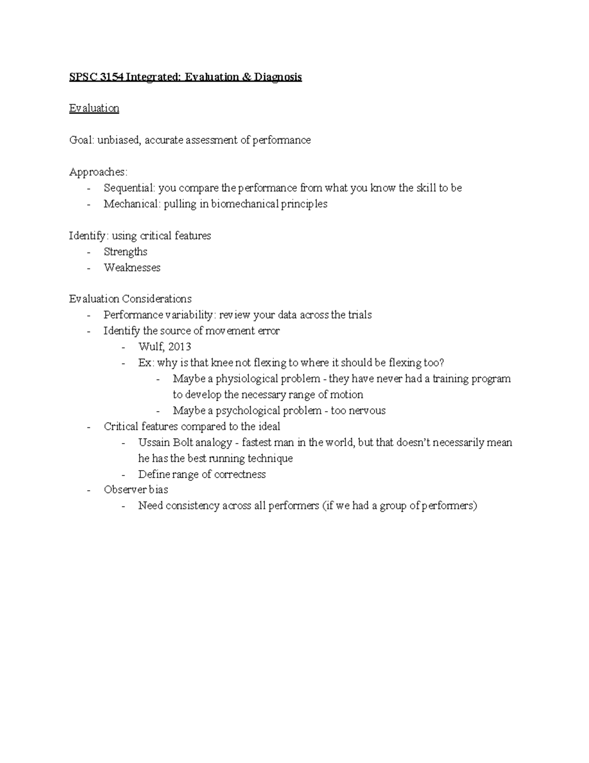 Evaluation notes - SPSC 3154 Integrated: Evaluation & Diagnosis ...