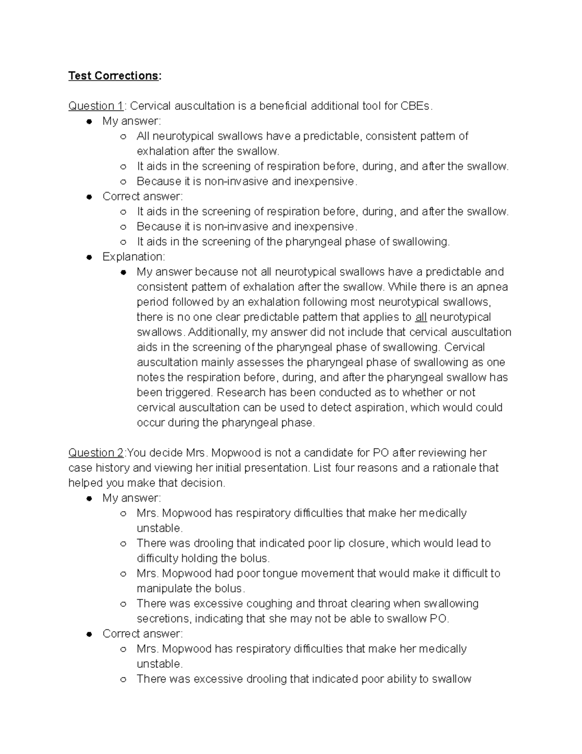 Dysphagia Remediation Exam 2 - Test Corrections: Question 1: Cervical ...
