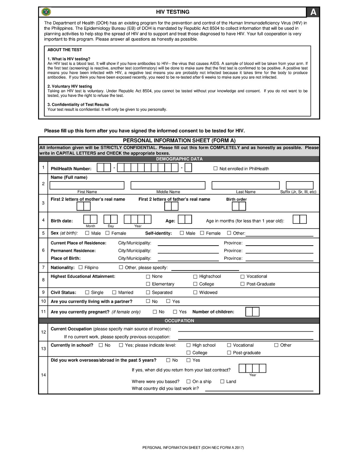 HIV Personal Information Sheet (2017 ) Please fill up this form after
