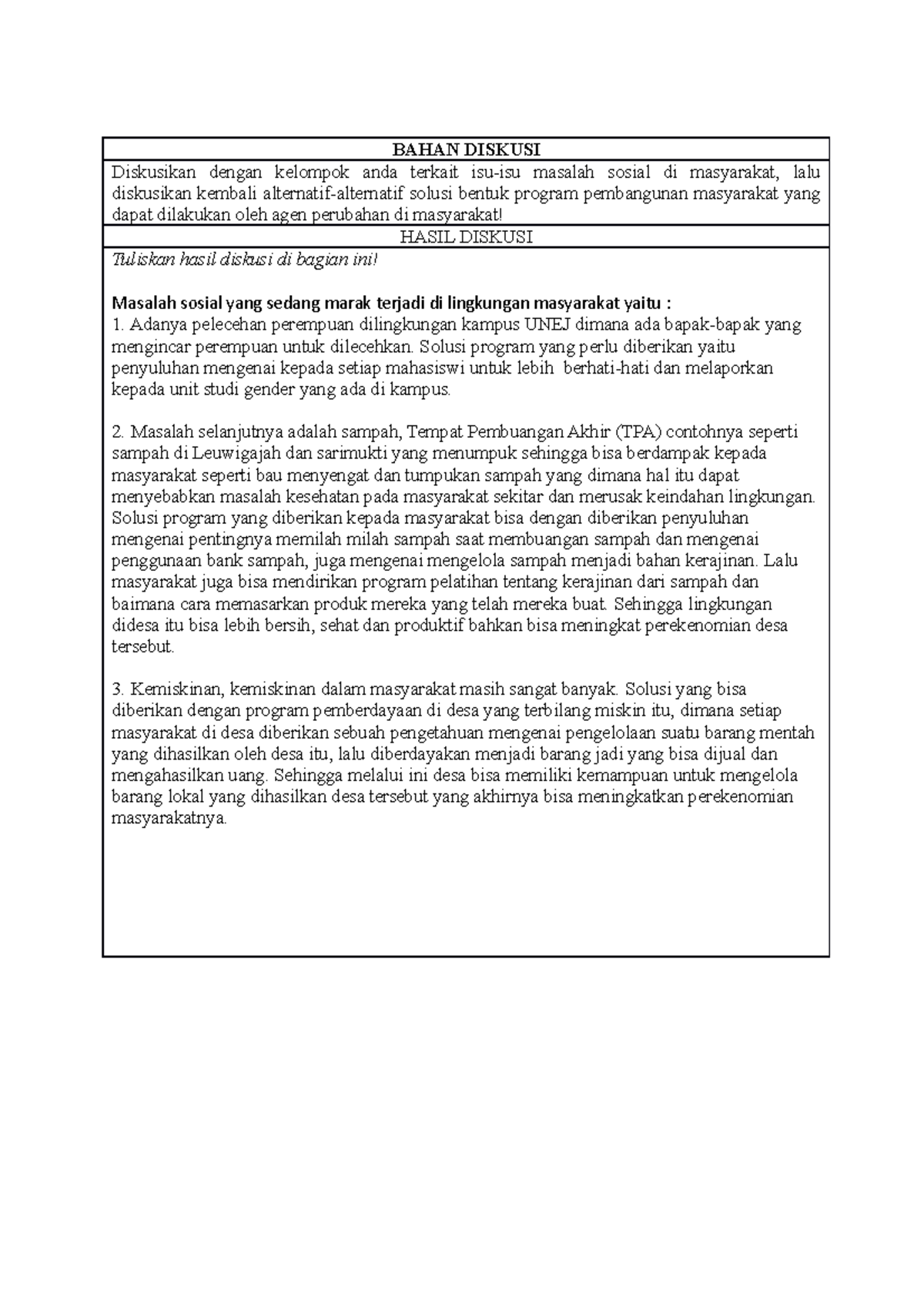 LKM 2 Analisis Pembangunan Sosial di lapangan BAHAN DISKUSI Diskusikan dengan kelompok anda