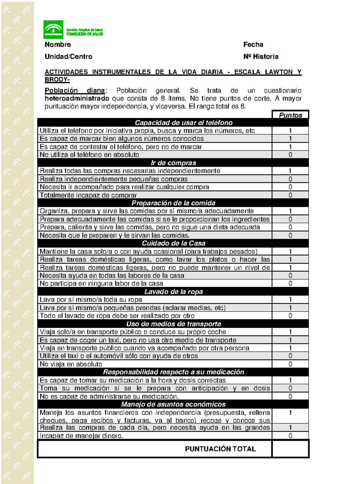 Actividades Instrumentales DE LA VIDA Diaria Escala Lawton Brody ...