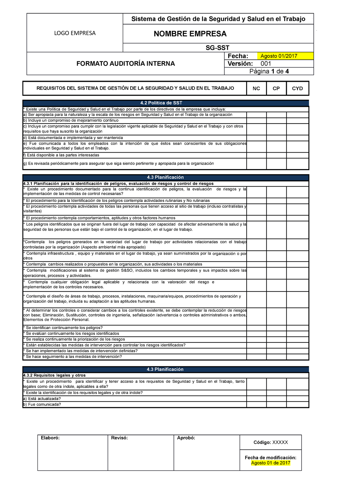 Formato Auditoria Interna Logo Empresa Sistema De Gestión De La Seguridad Y Salud En El 5318
