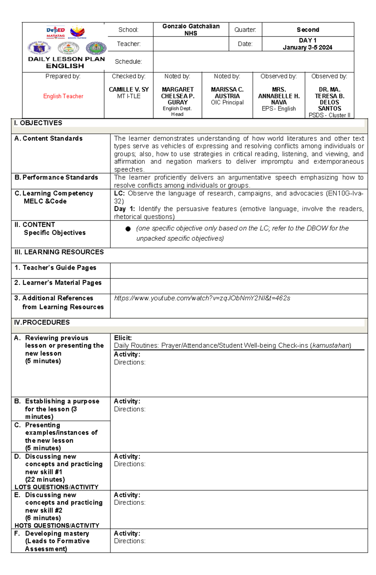 NEW DLL Format SY 2023 2024 - School: Gonzalo Gatchalian NHS Quarter ...