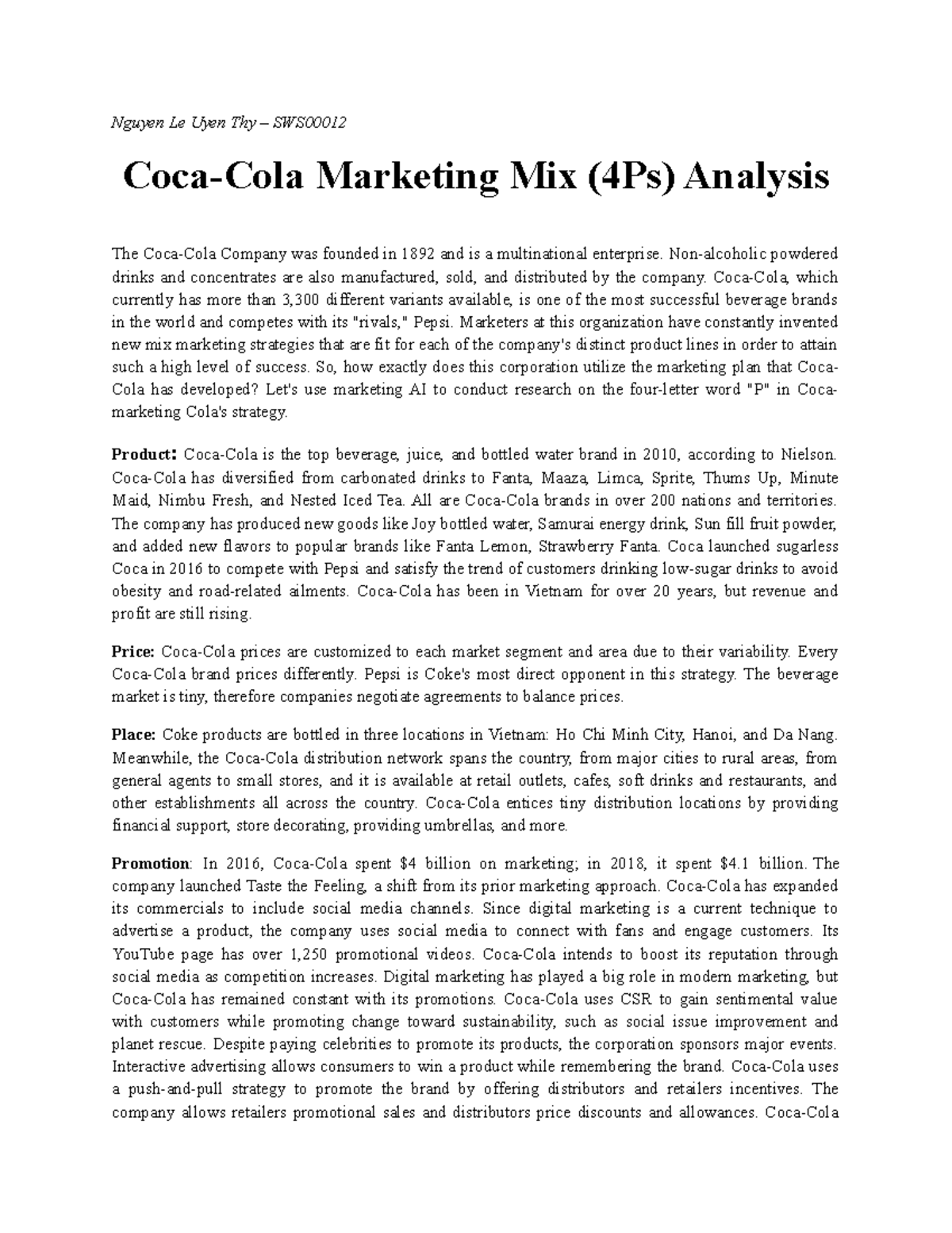 COCA COLA test Nguyen Le Uyen Thy SWS CocaCola Marketing Mix