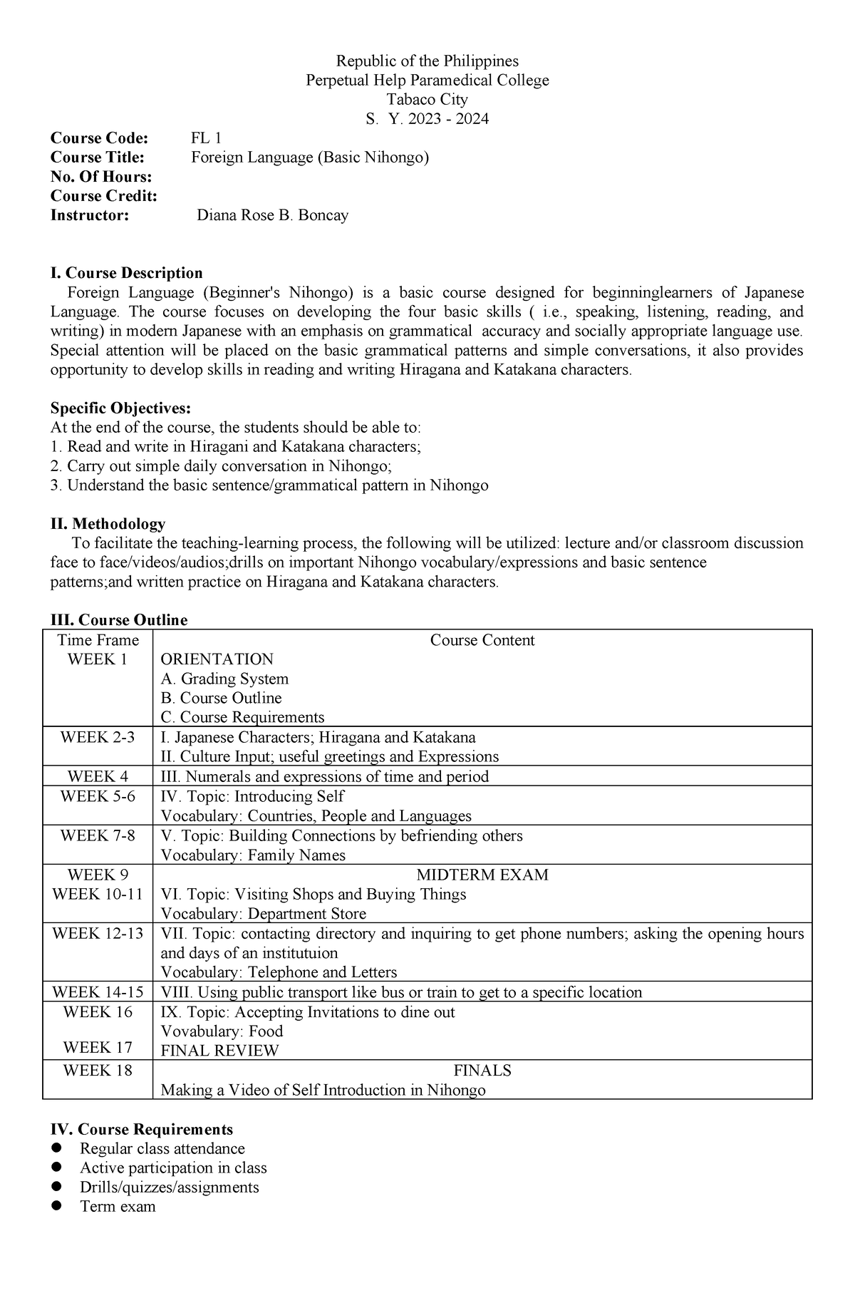 F L syllabus - Foreign Language - Republic of the Philippines Perpetual ...