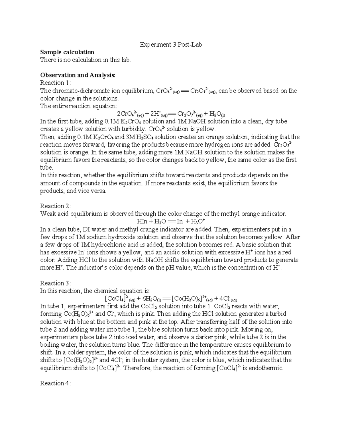Expt 3 Postlab chemistry lab 3 lab report Experiment 3 PostLab