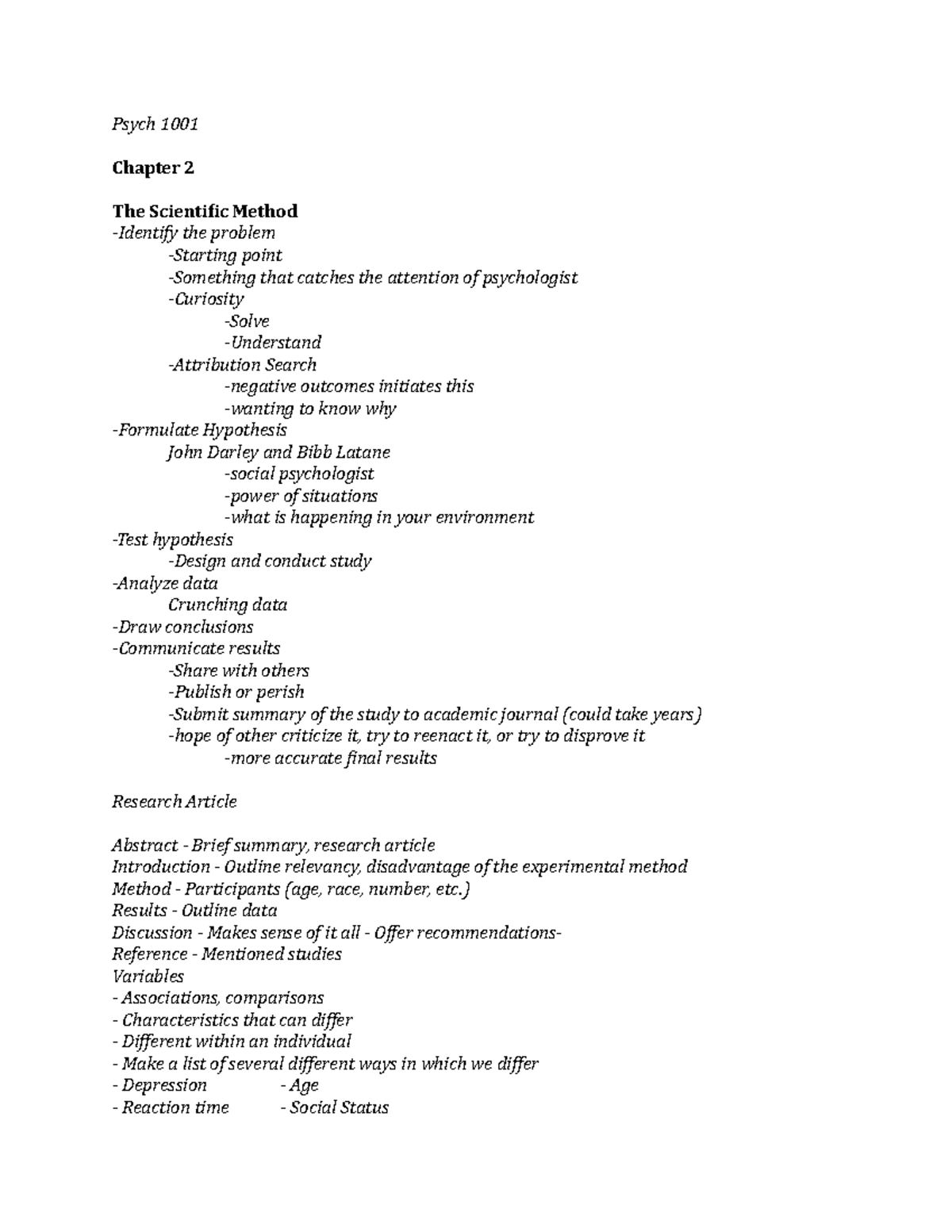 Psych 1001- Chapter 2 notes - Psych 1001 Chapter 2 The Scientific ...