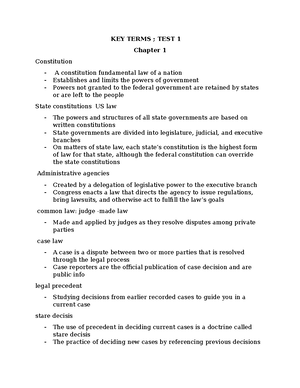 BLAW 3310- Key Terms Chapters 1-5 - KEY TERMS Chapter 1 Sources of law ...
