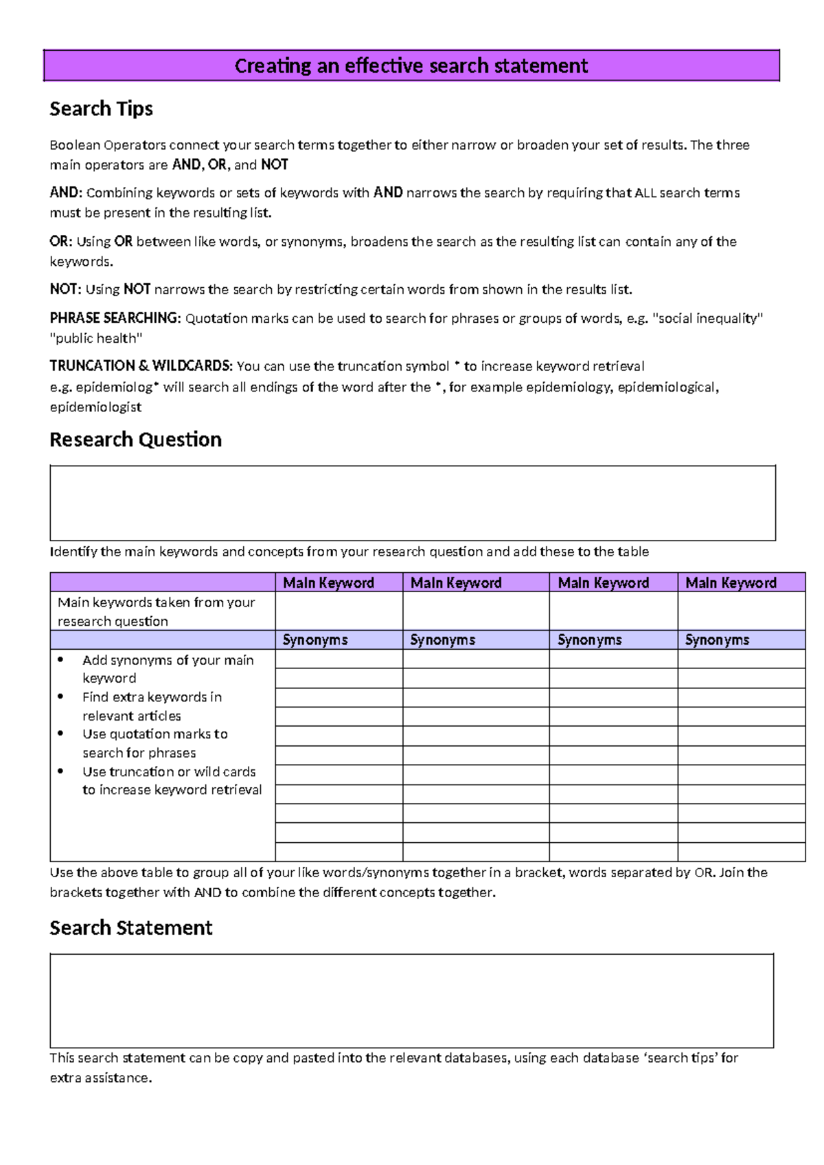 Creating an effective search statement Template - Creating an effective ...