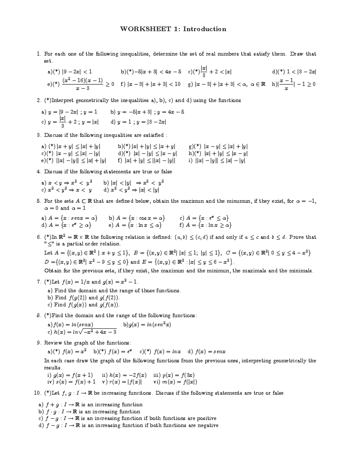 Worksheet-1 - WORKSHEET MATHS I - WORKSHEET 1: Introduction For each ...