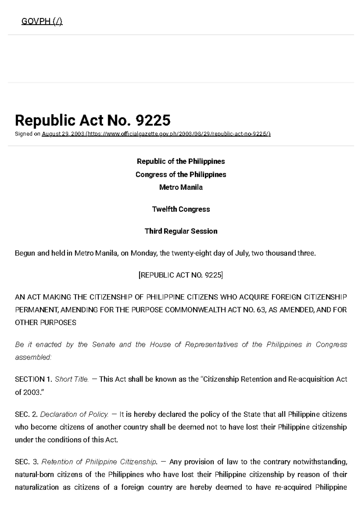 Republic Act No 9225 Official Gazette Of The Republic Of The 